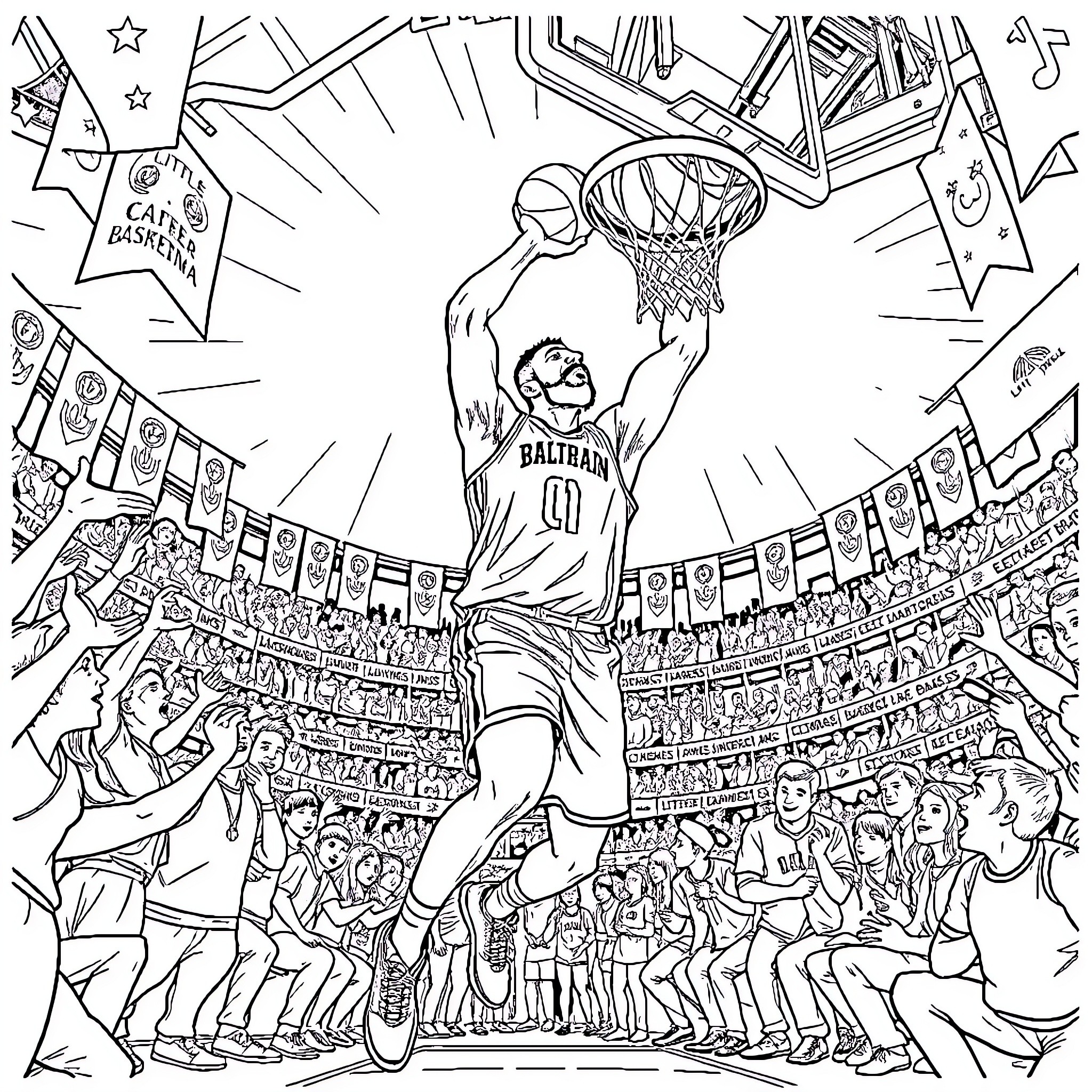 Arthas dunking the basketball in the arena Coloring Page (free black-and-white line drawing printable PDF for all, from beginners to advanced learners, including children, teens, adults, and seniors)