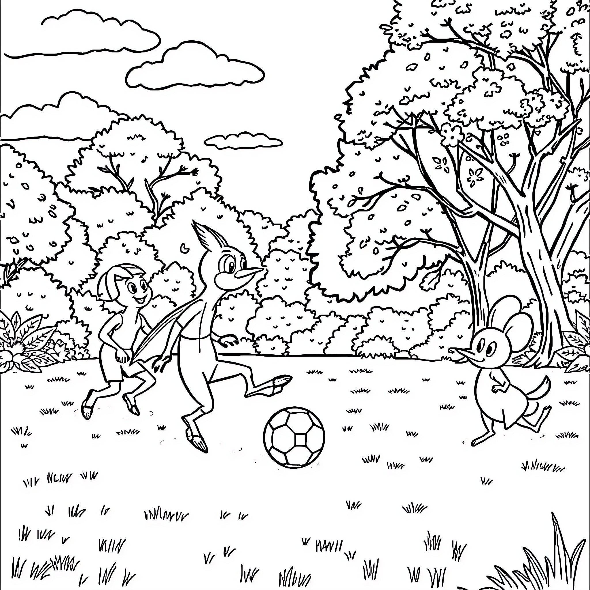 Chase for the soccer ball in the park Coloring Page (free black-and-white line drawing printable PDF for all, from beginners to advanced learners, including children, teens, adults, and seniors)