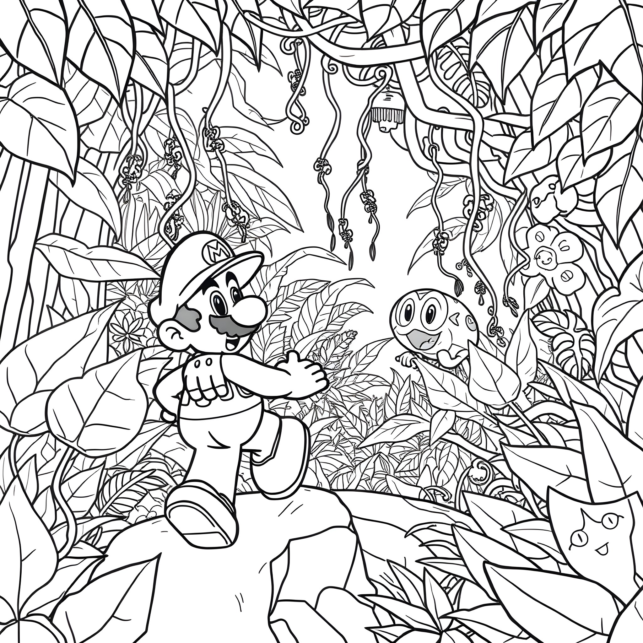 Super Mario explores the whimsical jungle with Mushroom Kingdom friends Coloring Page (free black-and-white line drawing printable PDF for all, from beginners to advanced learners, including children, teens, adults, and seniors)