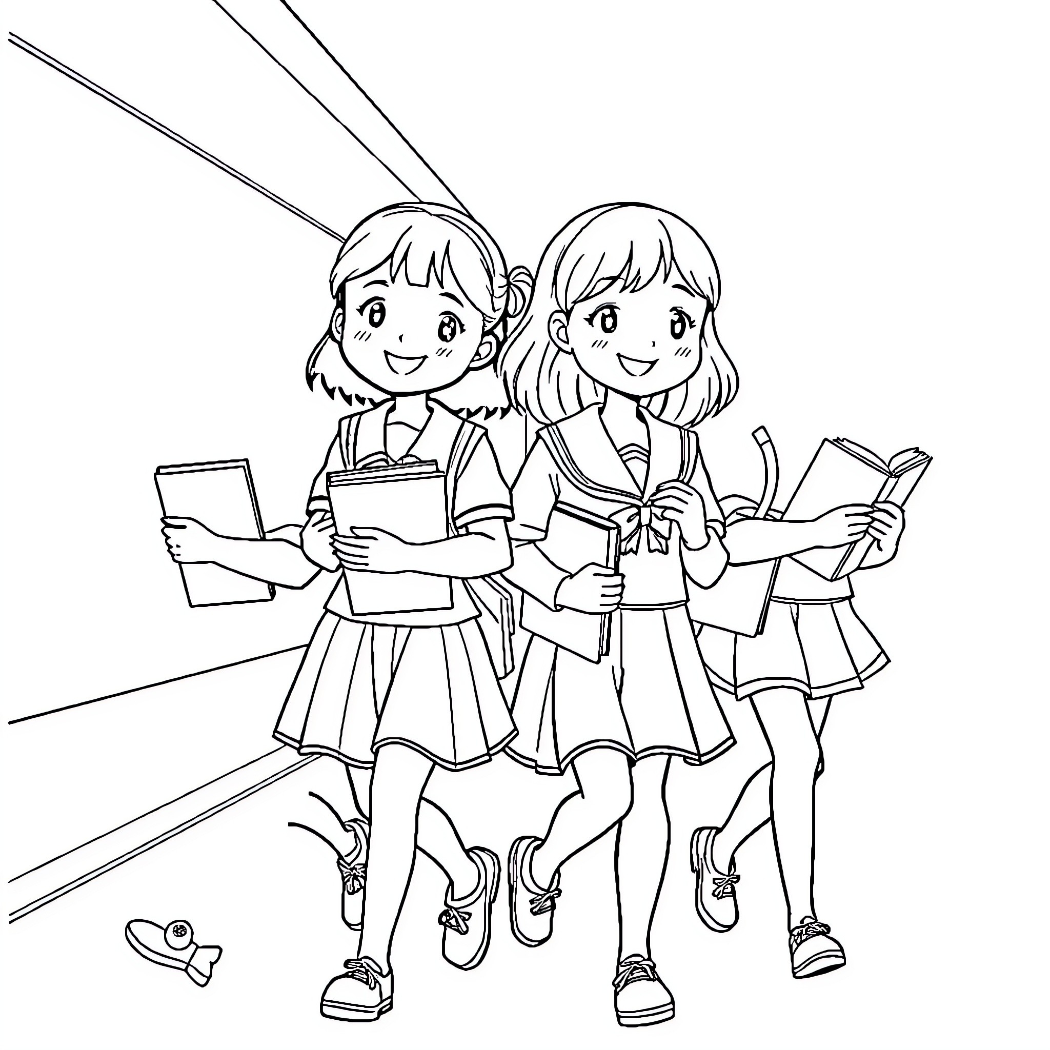 School Girls Happily Walking to Class Coloring Page (free black-and-white line drawing printable PDF for all, from beginners to advanced learners, including children, teens, adults, and seniors)