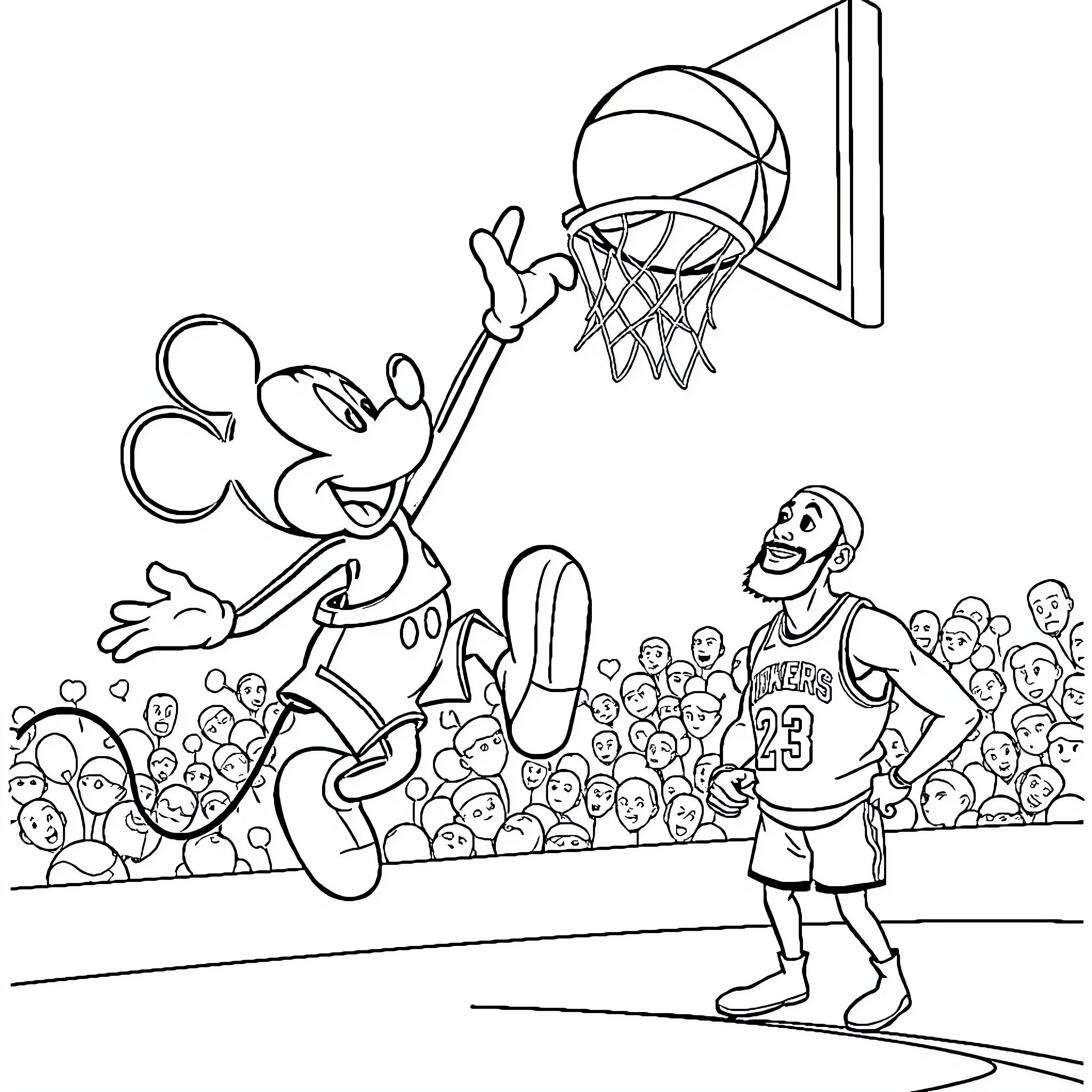 Mickey Mouse playing basketball with player Coloring Page (free black-and-white line drawing printable PDF for all, from beginners to advanced learners, including children, teens, adults, and seniors)