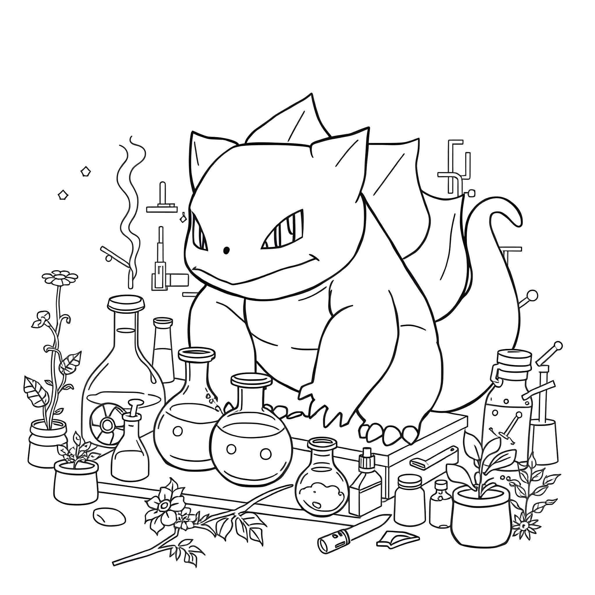 Bulbasaur surrounded by various scientific equipment Coloring Page (free black-and-white line drawing printable PDF for all, from beginners to advanced learners, including children, teens, adults, and seniors)