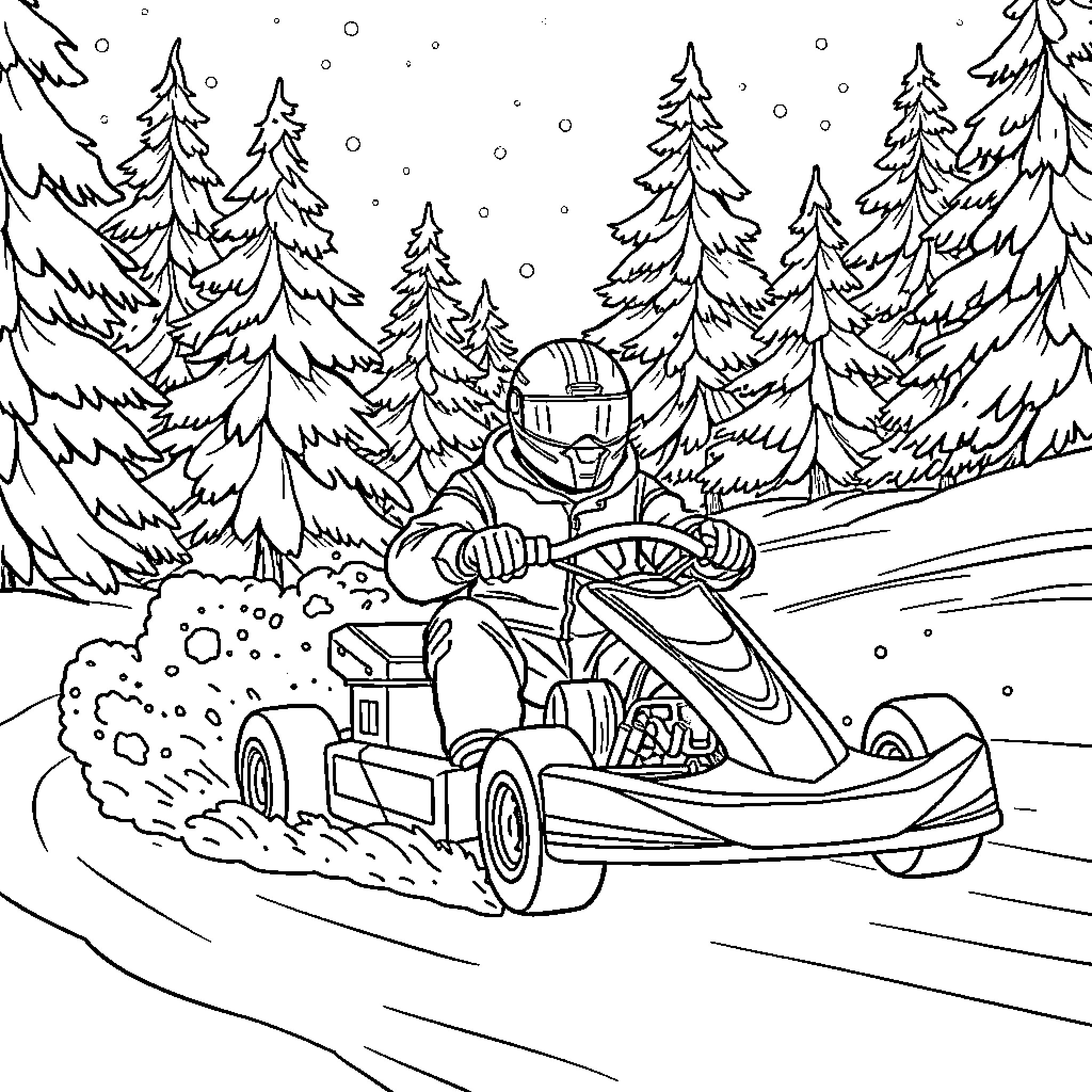 Go Kart Racing through Snowy Forest Coloring Page (free black-and-white line drawing printable PDF for all, from beginners to advanced learners, including children, teens, adults, and seniors)