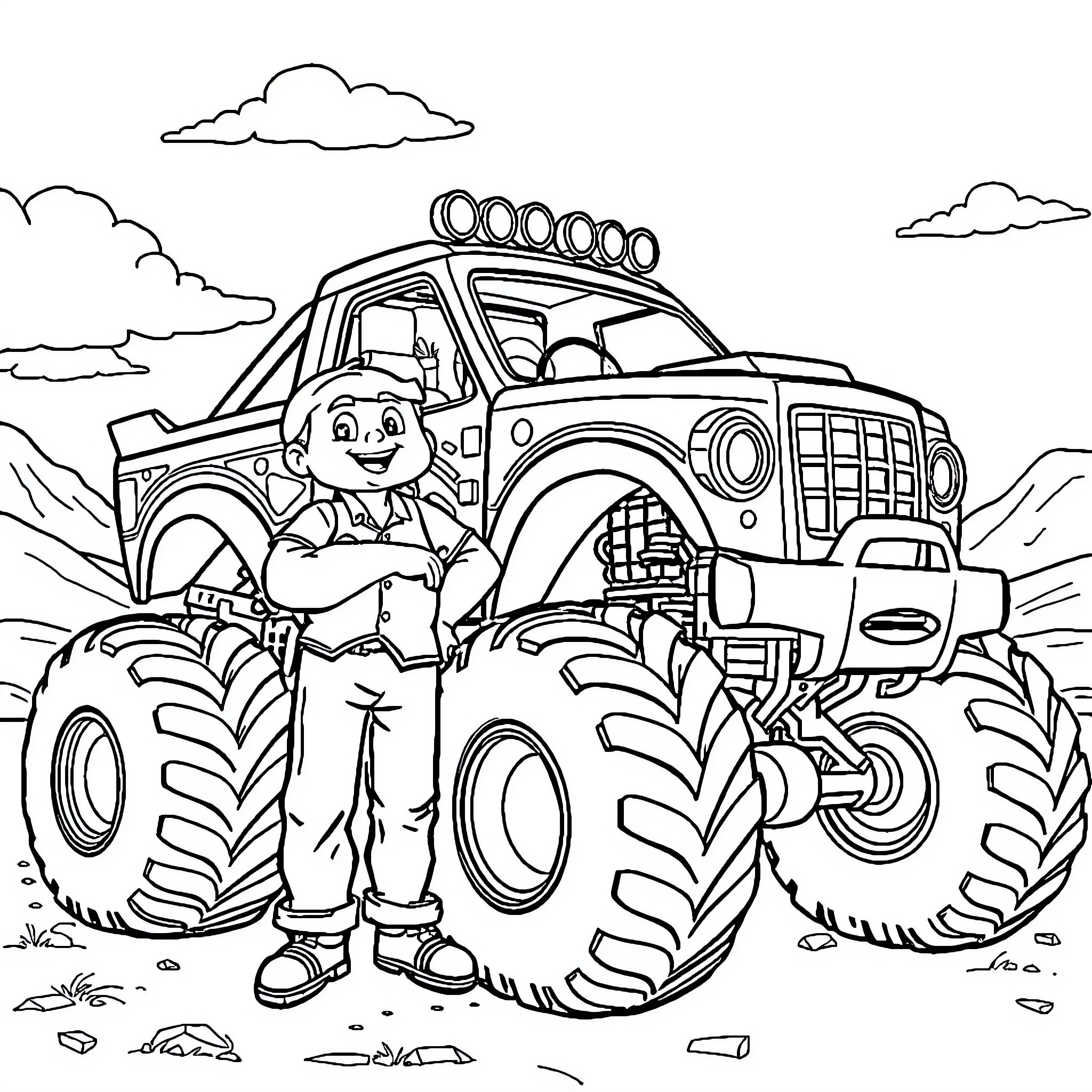 Monster Truck Driven by Smiling Operator on Rugged Terrain Coloring Page (free black-and-white line drawing printable PDF for all, from beginners to advanced learners, including children, teens, adults, and seniors)