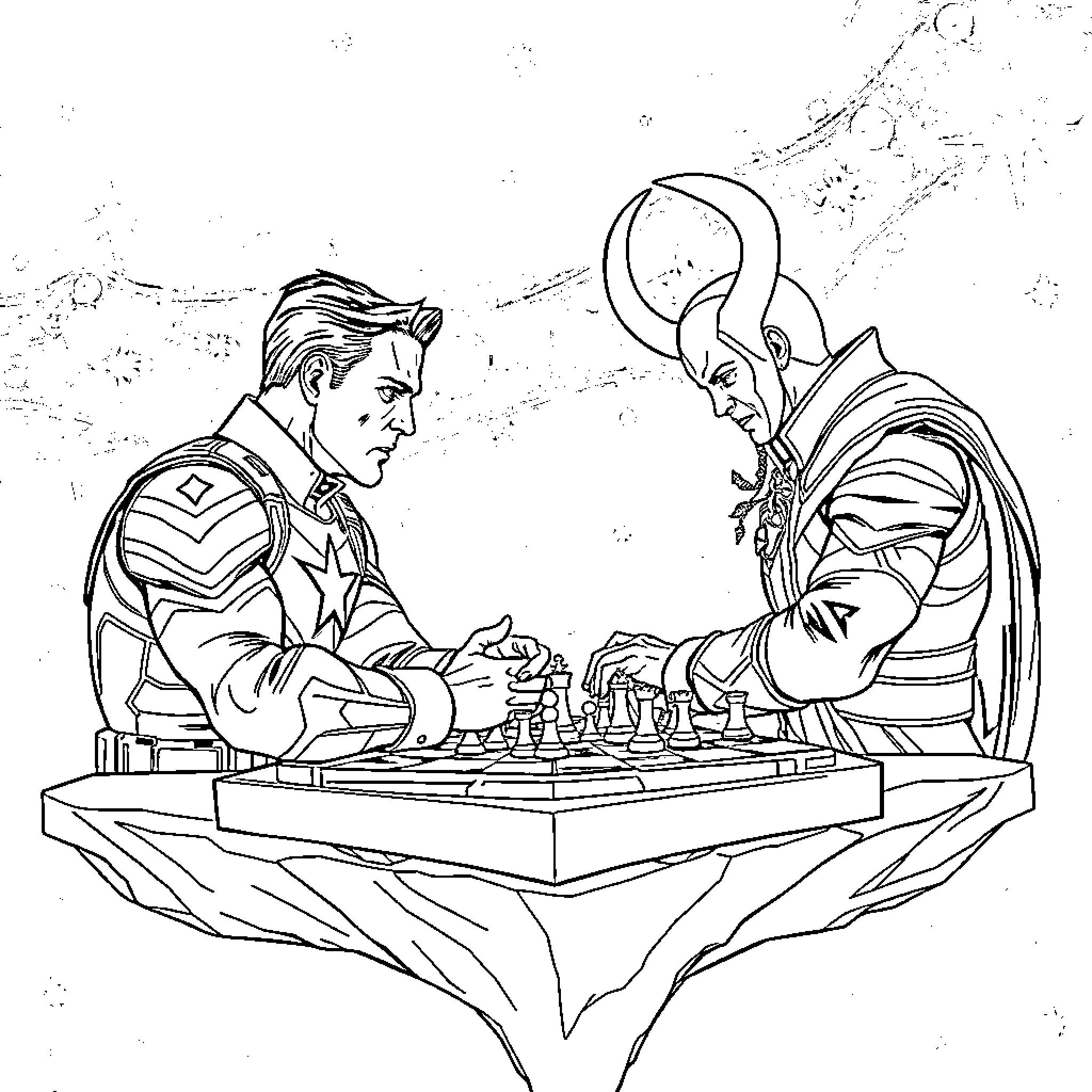 Captain America plays chess with a foe Coloring Page (free black-and-white line drawing printable PDF for all, from beginners to advanced learners, including children, teens, adults, and seniors)