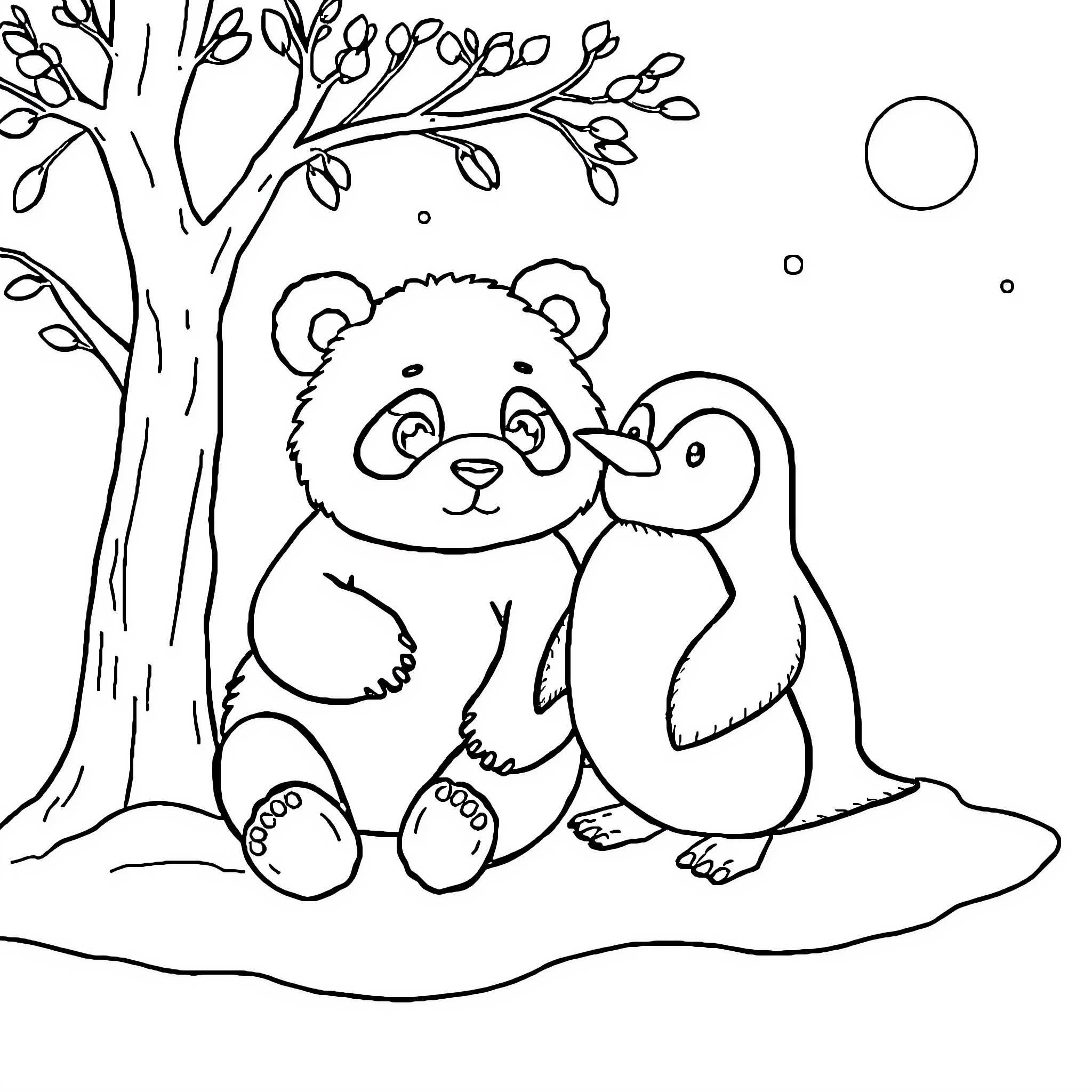 Panda cuddling with penguin in nature scene Coloring Page (free black-and-white line drawing printable PDF for all, from beginners to advanced learners, including children, teens, adults, and seniors)