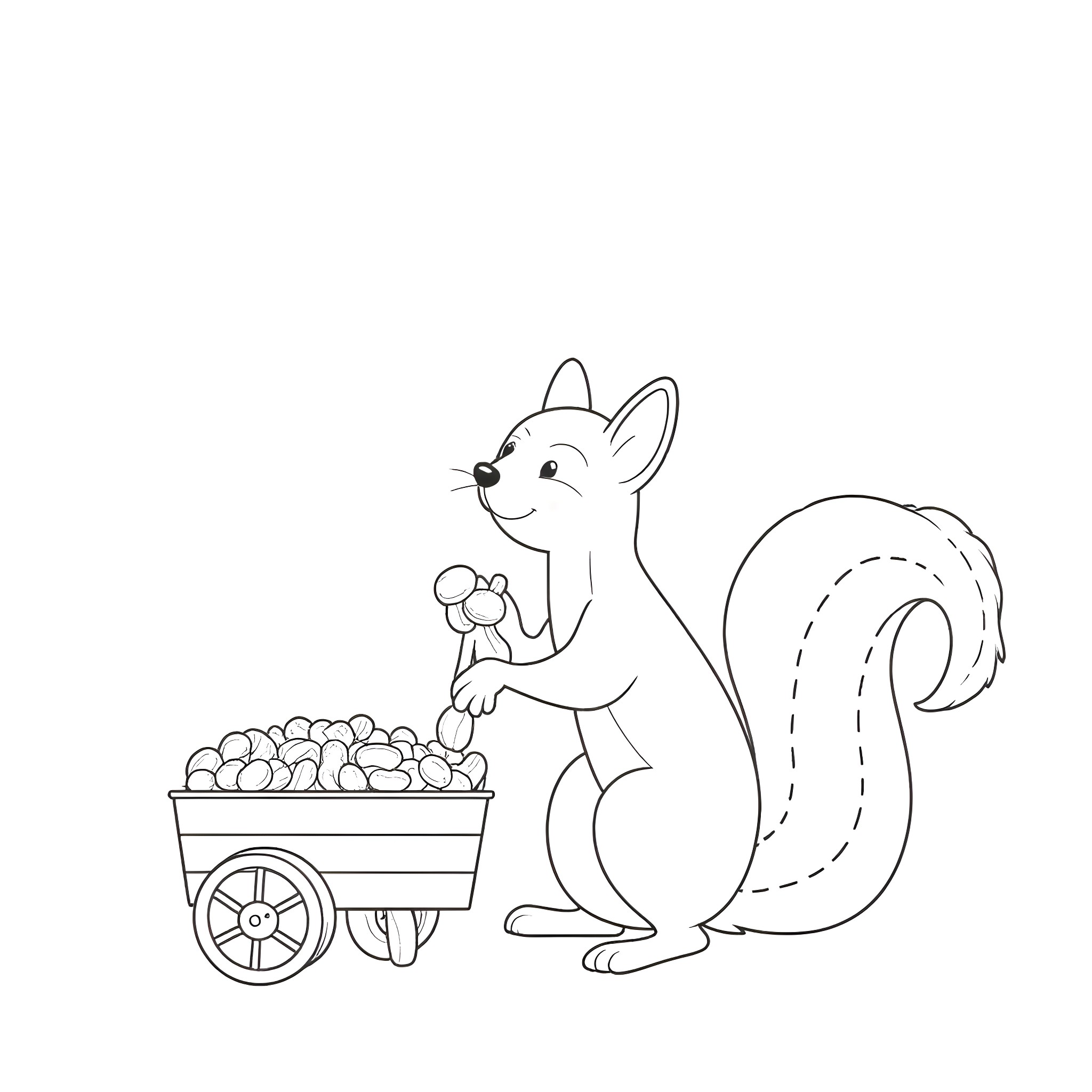 Squirrel pushing cart full of acorns Coloring Page (free black-and-white line drawing printable PDF for all, from beginners to advanced learners, including children, teens, adults, and seniors)