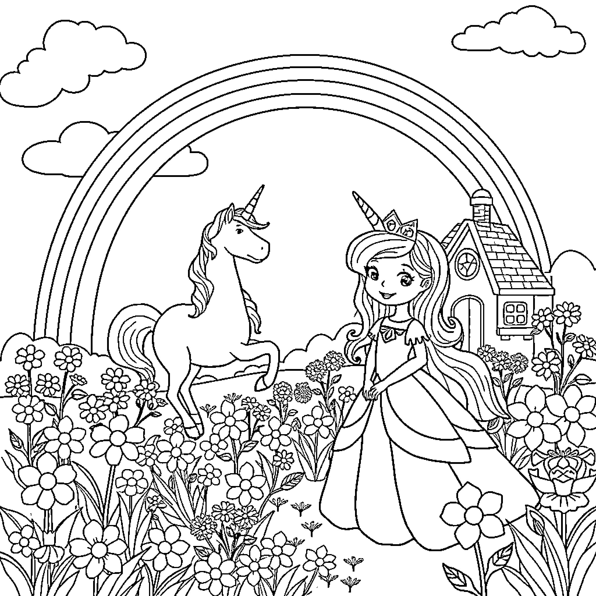 Princess exploring the enchanted garden with her unicorn Coloring Page (free black-and-white line drawing printable PDF for all, from beginners to advanced learners, including children, teens, adults, and seniors)