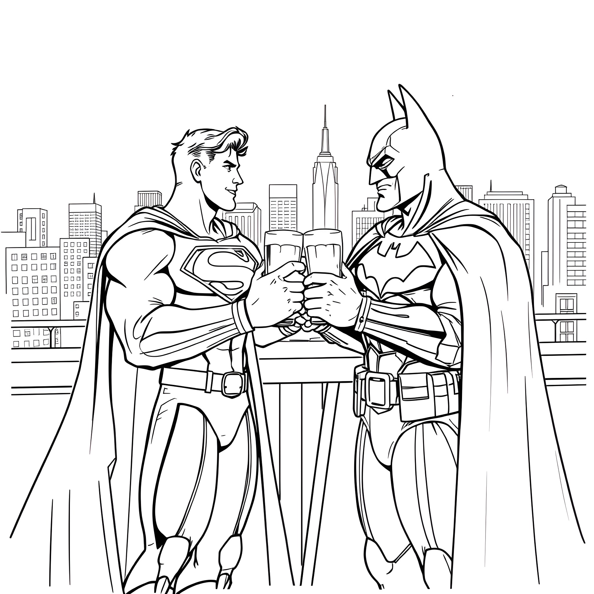 Superman and Batman stand together in the city Coloring Page (free black-and-white line drawing printable PDF for all, from beginners to advanced learners, including children, teens, adults, and seniors)