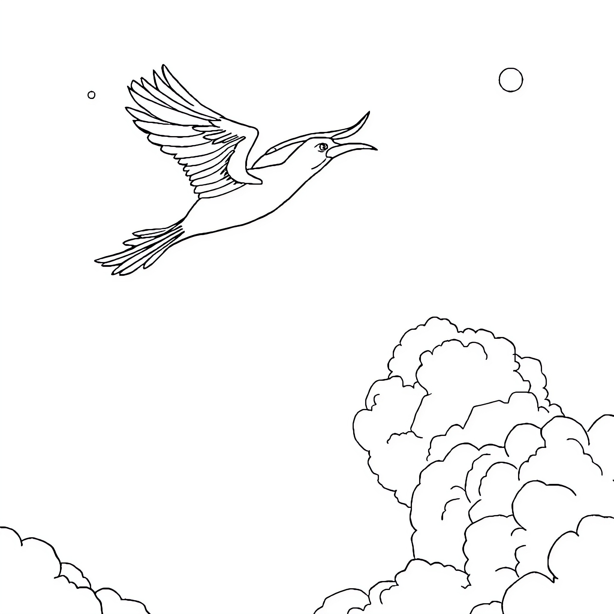 Ligustrín bird soaring through cloudy skies Coloring Page (free black-and-white line drawing printable PDF for all, from beginners to advanced learners, including children, teens, adults, and seniors)