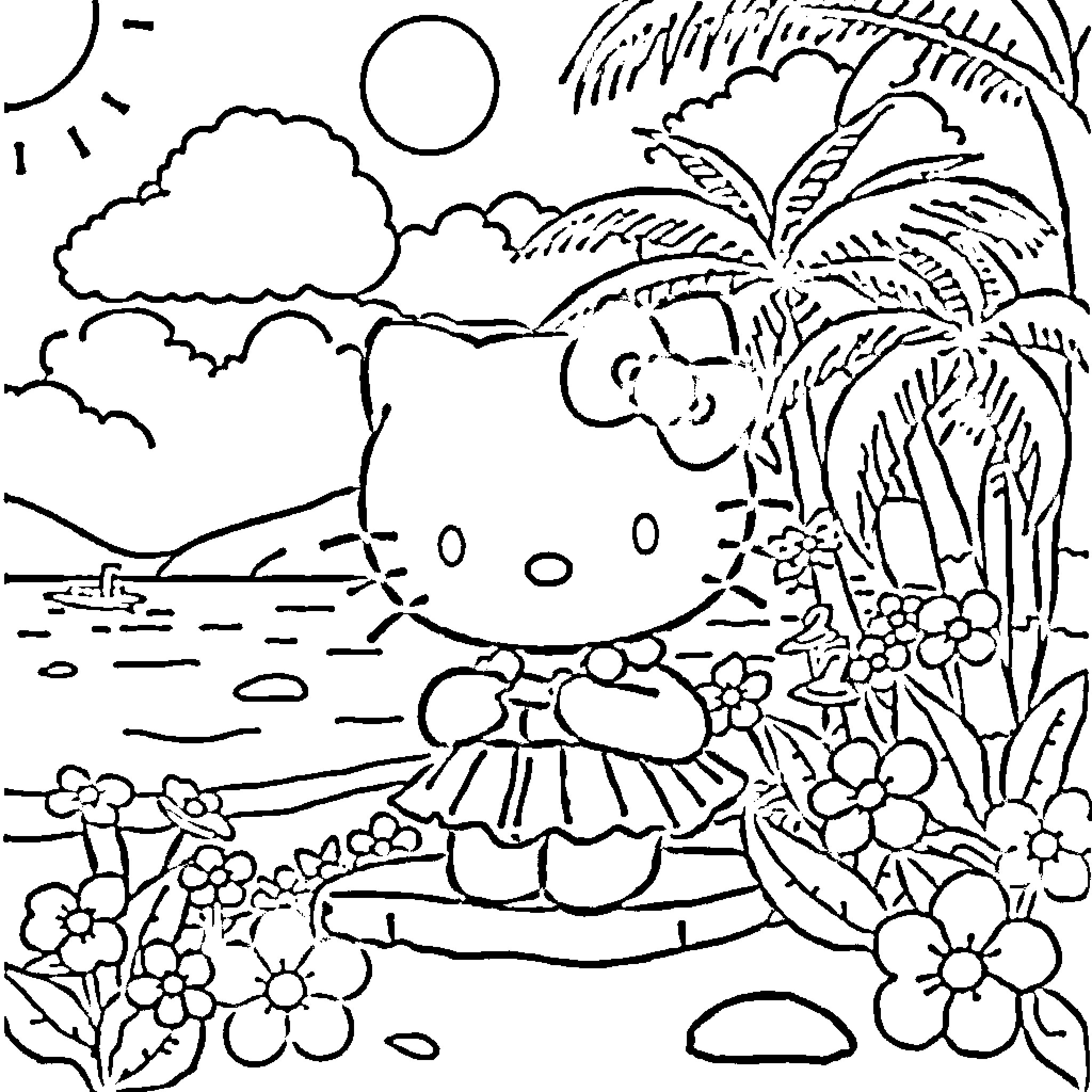 Hello Kitty enjoying a tropical paradise Coloring Page (free black-and-white line drawing printable PDF for all, from beginners to advanced learners, including children, teens, adults, and seniors)