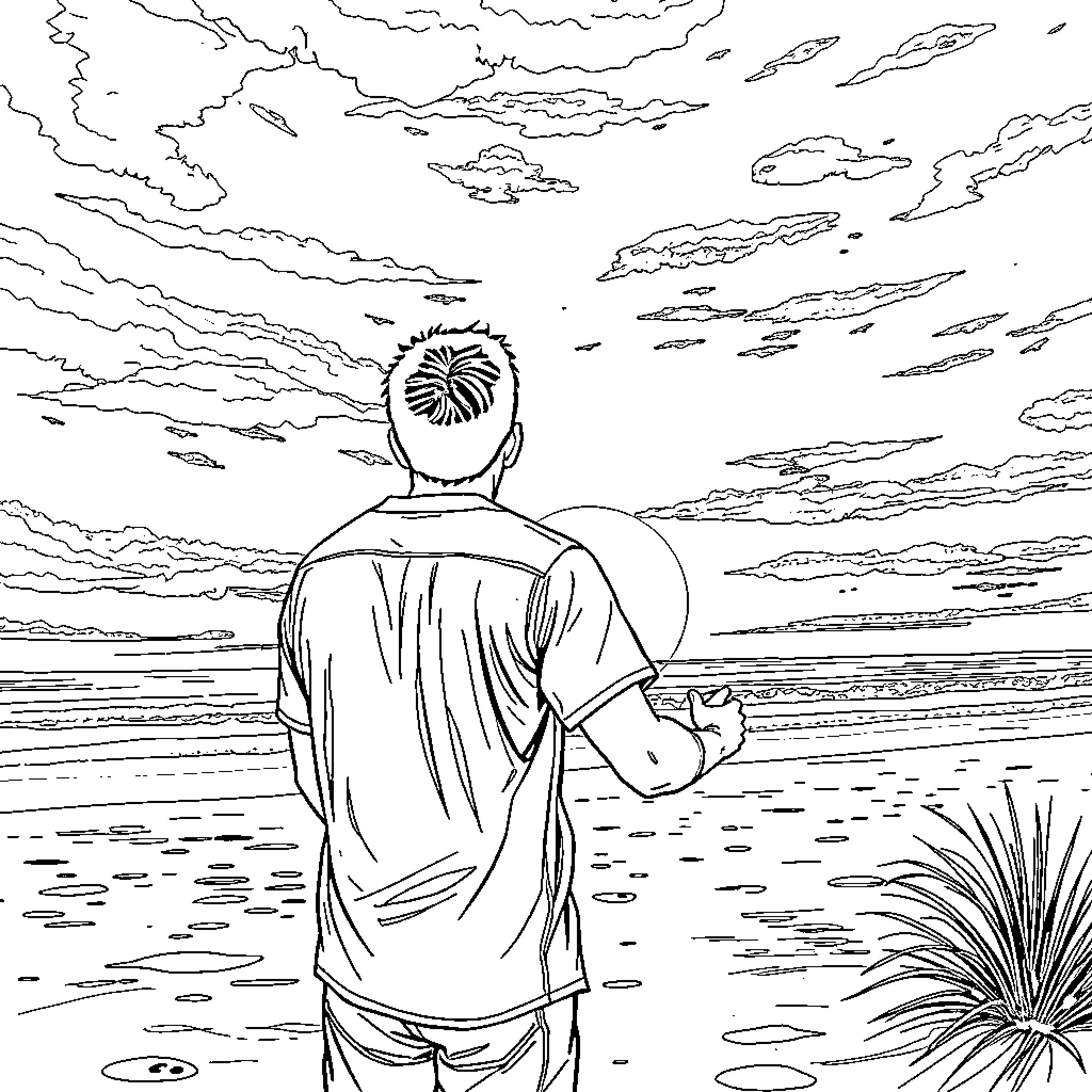 Guy appreciates serene nature scene at sunset Coloring Page (free black-and-white line drawing printable PDF for all, from beginners to advanced learners, including children, teens, adults, and seniors)