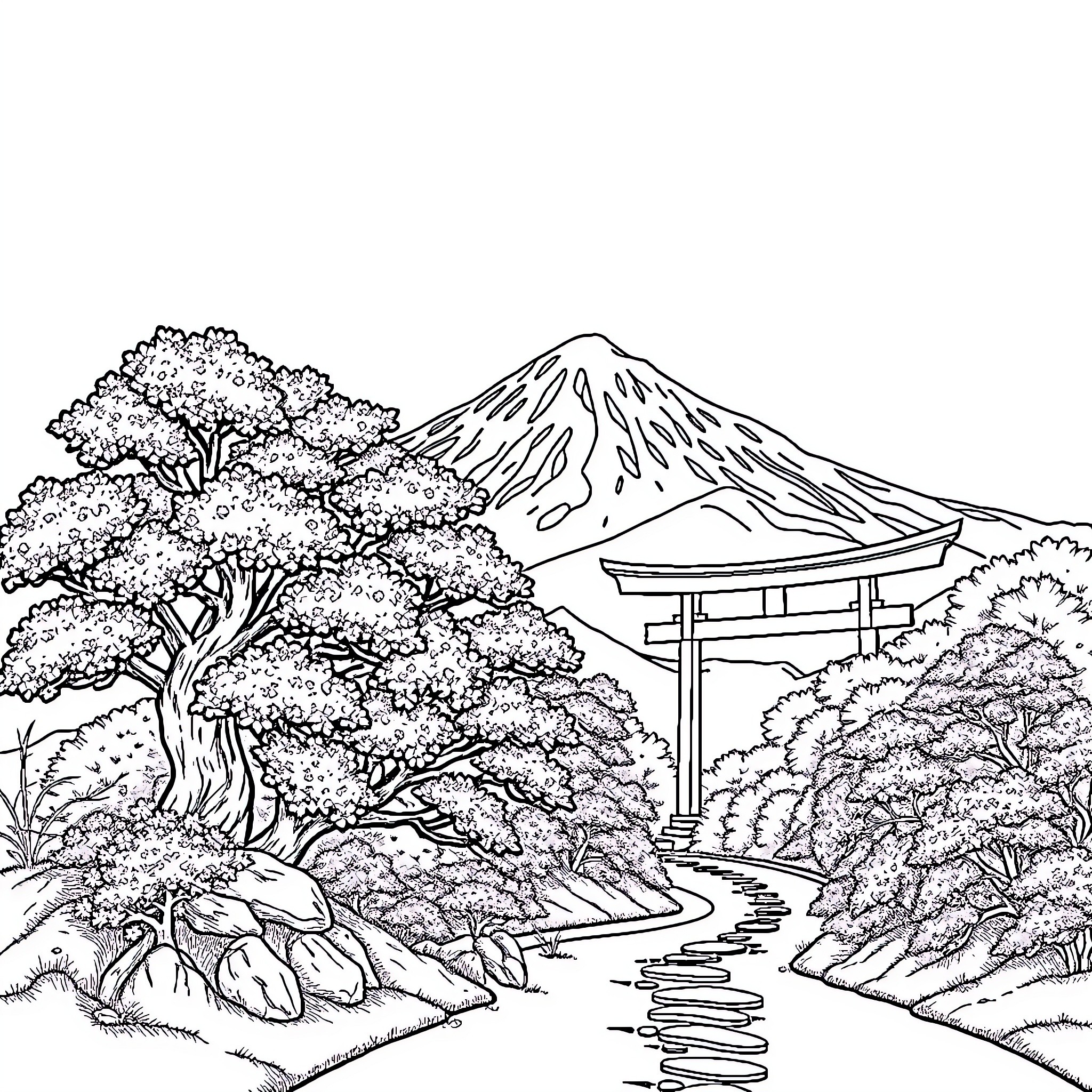 Japanese Landscape with Iconic Mount Fuji and Torii Gate Coloring Page (free black-and-white line drawing printable PDF for all, from beginners to advanced learners, including children, teens, adults, and seniors)