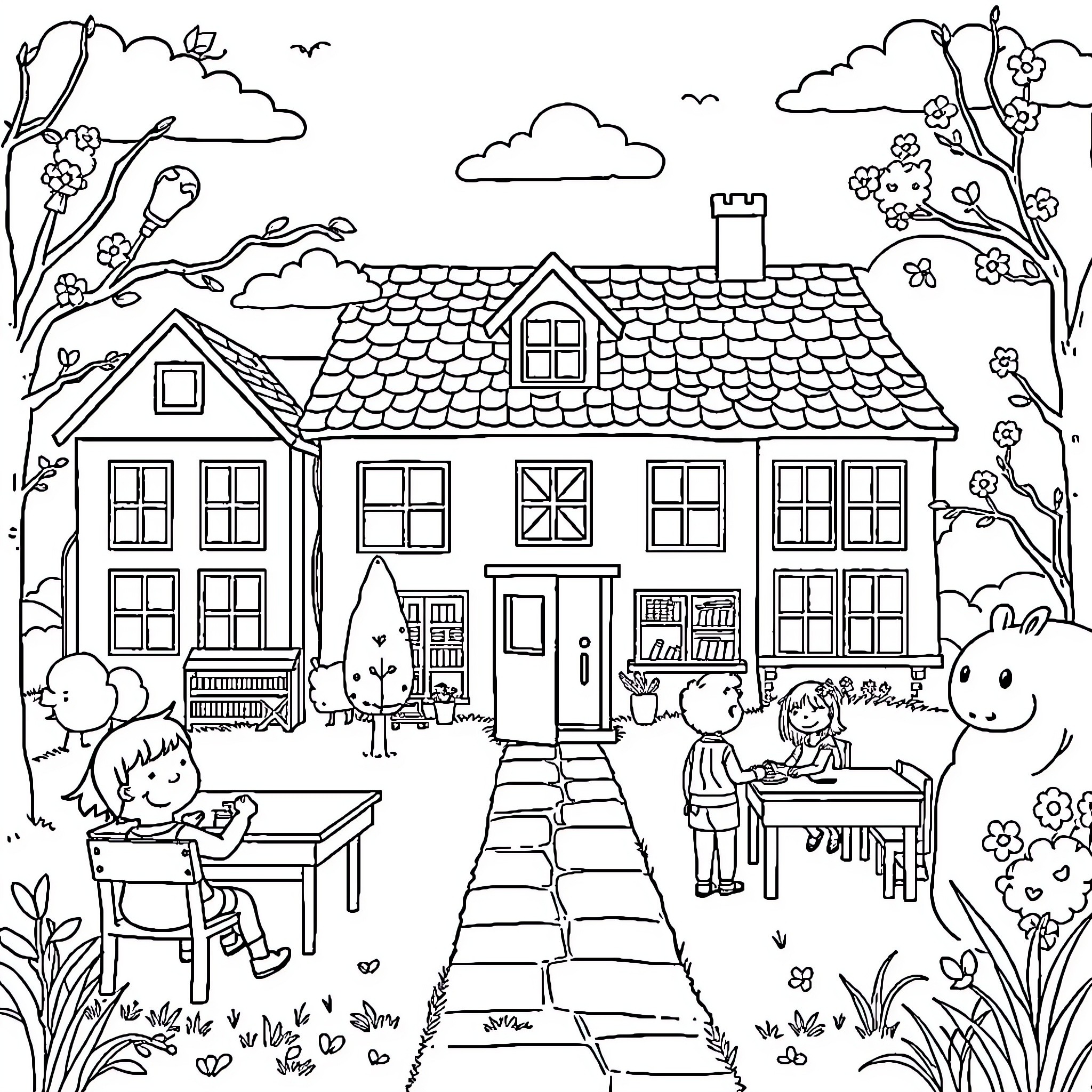 School Children Enjoying Outdoor Activities in Nature Coloring Page (free black-and-white line drawing printable PDF for all, from beginners to advanced learners, including children, teens, adults, and seniors)