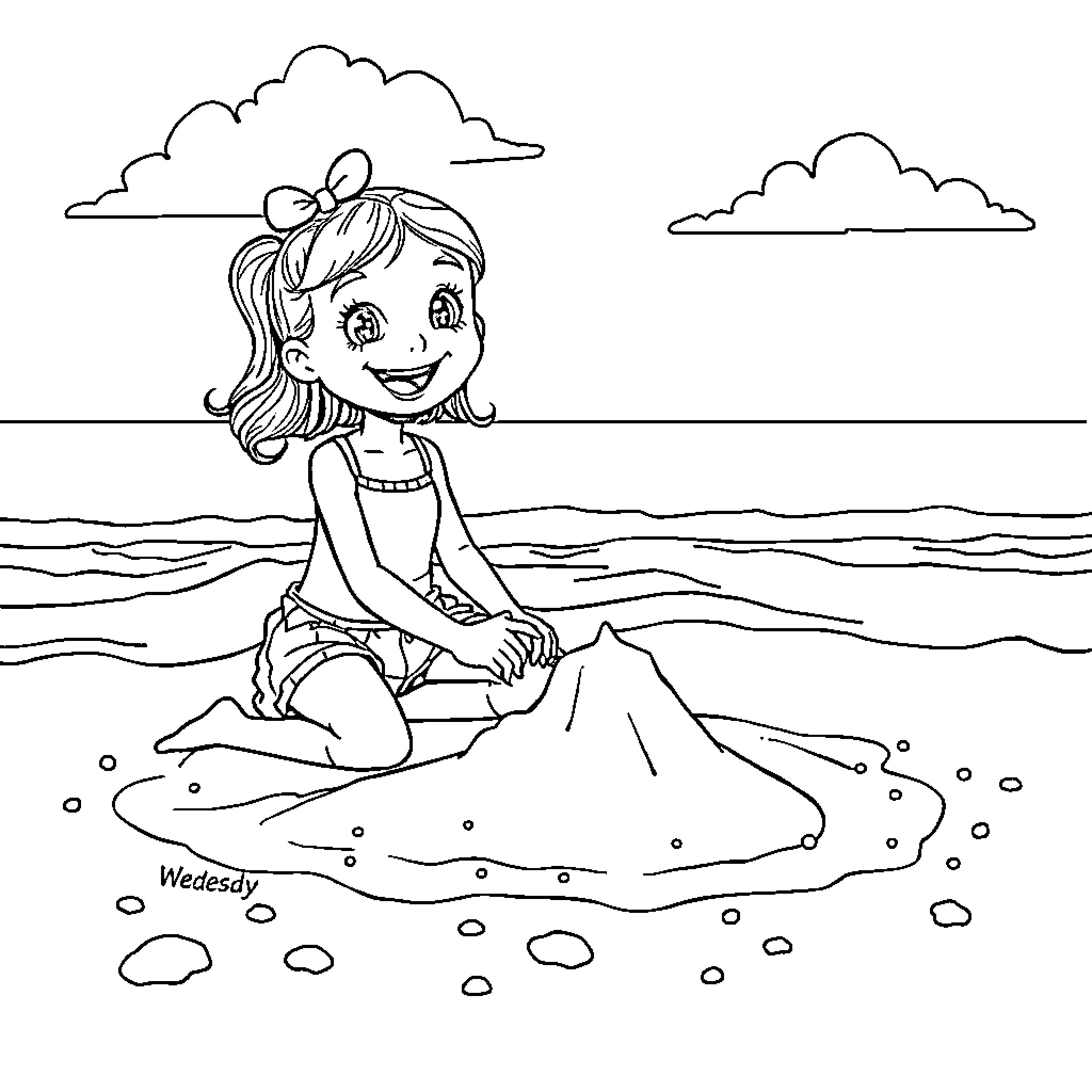 Wednesday's Seaside Fun and Smiles Coloring Page (free black-and-white line drawing printable PDF for all, from beginners to advanced learners, including children, teens, adults, and seniors)