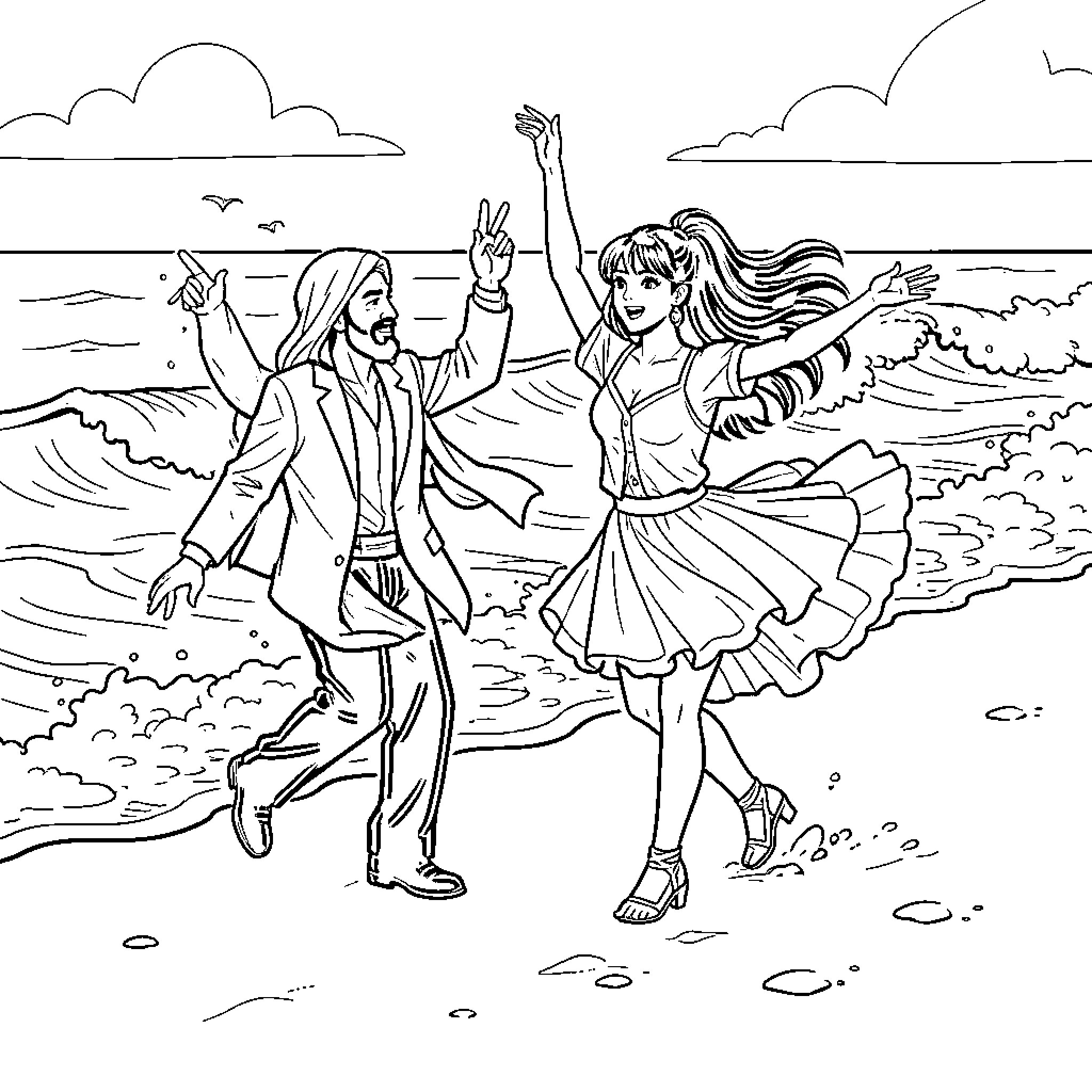 Rumi dancing joyfully on the beach by the waves Coloring Page (free black-and-white line drawing printable PDF for all, from beginners to advanced learners, including children, teens, adults, and seniors)