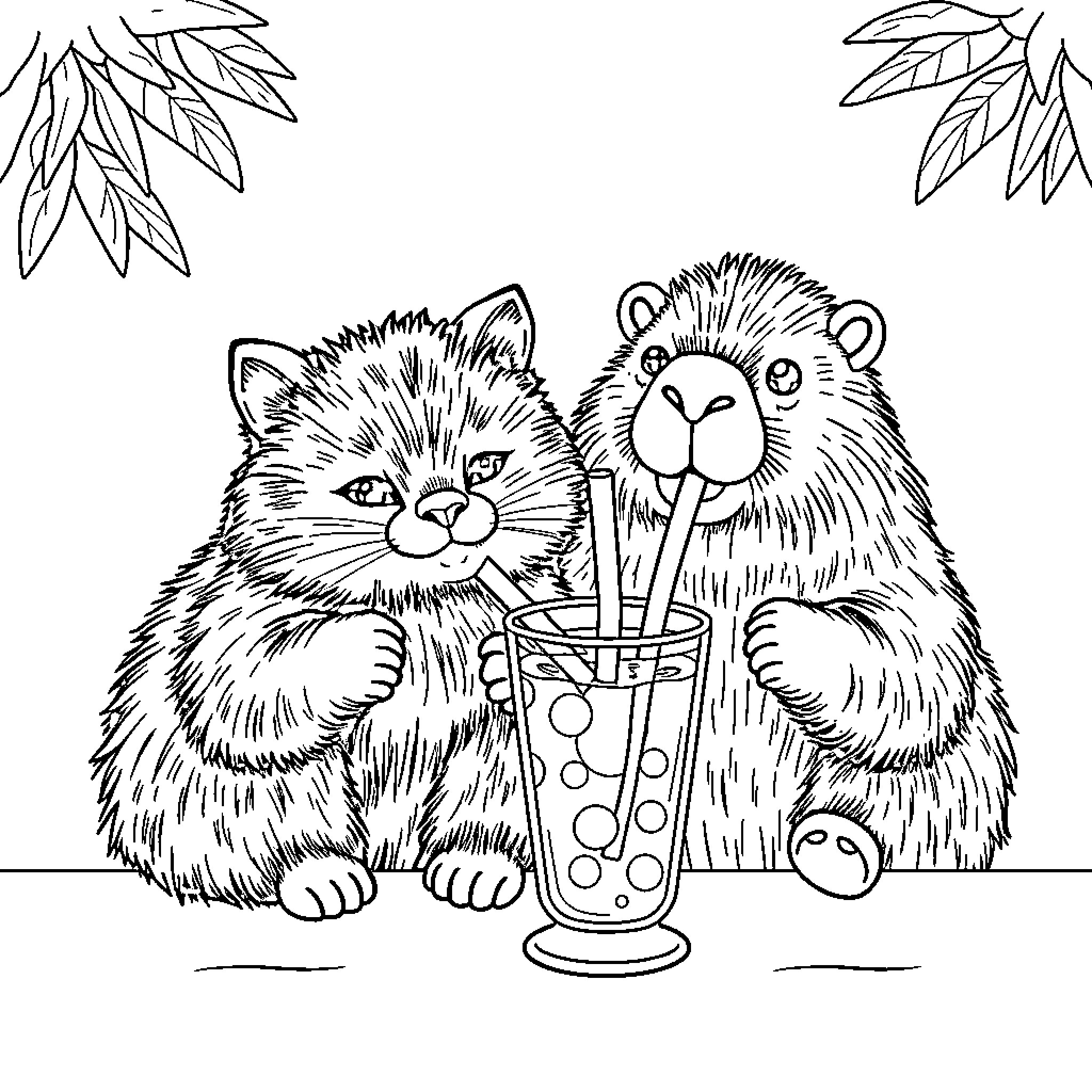 Cat and Bear Enjoying Drinks Together Coloring Page (free black-and-white line drawing printable PDF for all, from beginners to advanced learners, including children, teens, adults, and seniors)