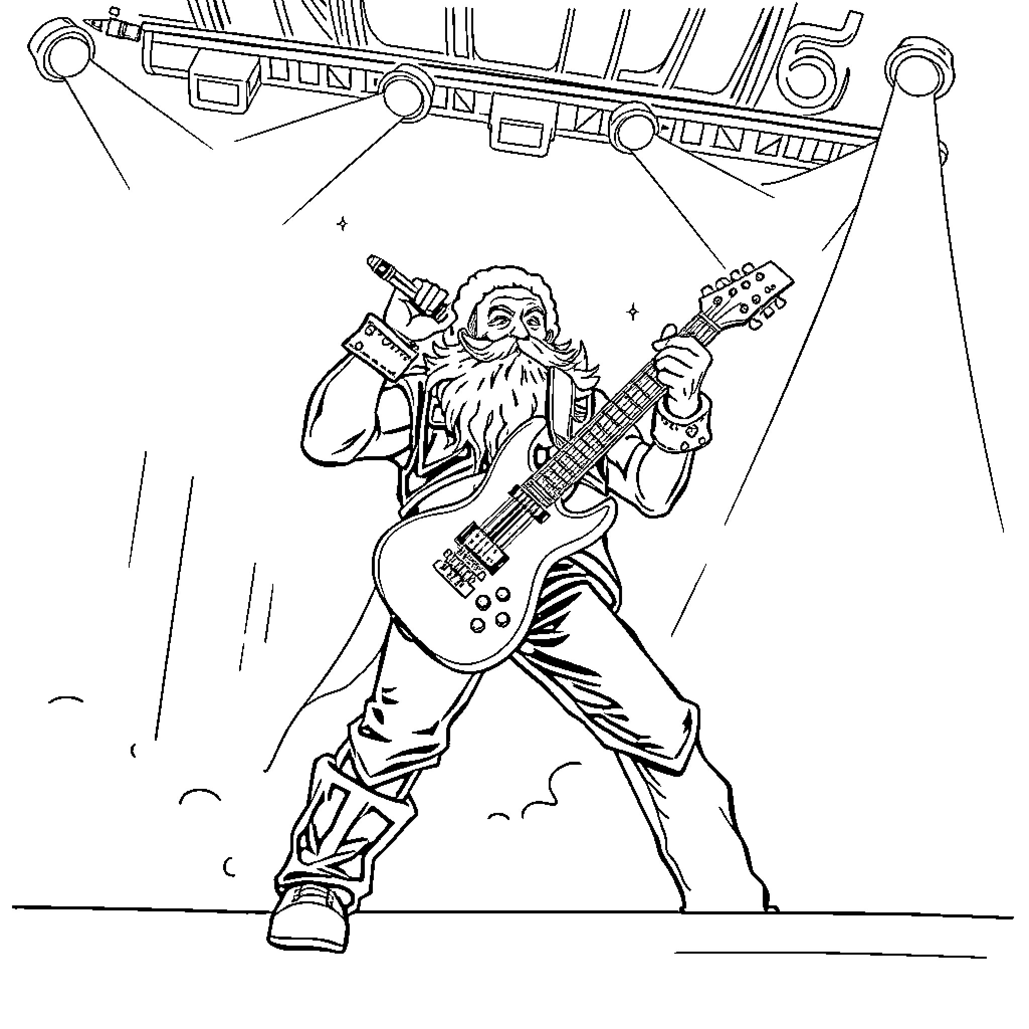 Santa Claus performing on stage with electric guitar Coloring Page (free black-and-white line drawing printable PDF for all, from beginners to advanced learners, including children, teens, adults, and seniors)