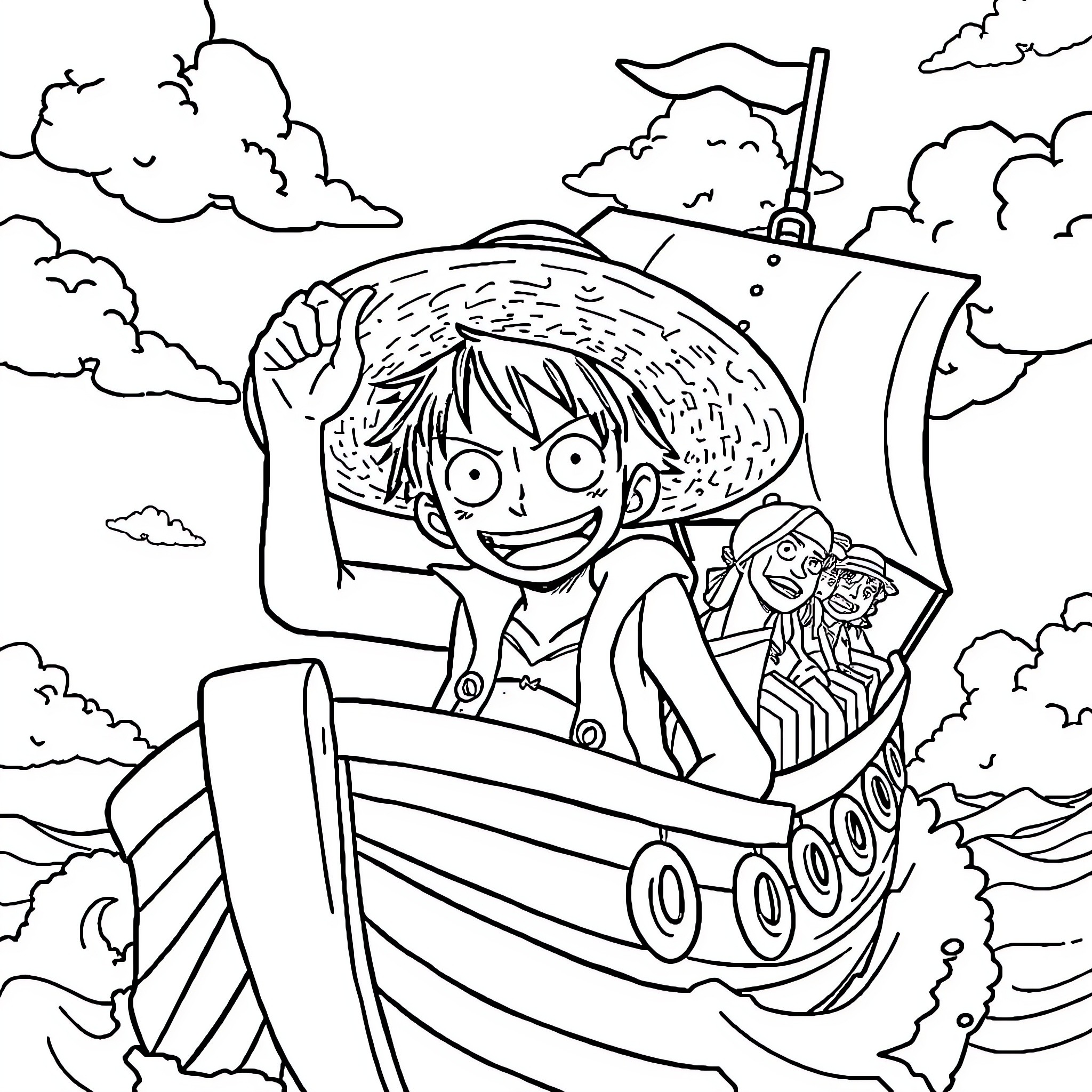 Luffy sailing on a ship through rough waters Coloring Page (free black-and-white line drawing printable PDF for all, from beginners to advanced learners, including children, teens, adults, and seniors)