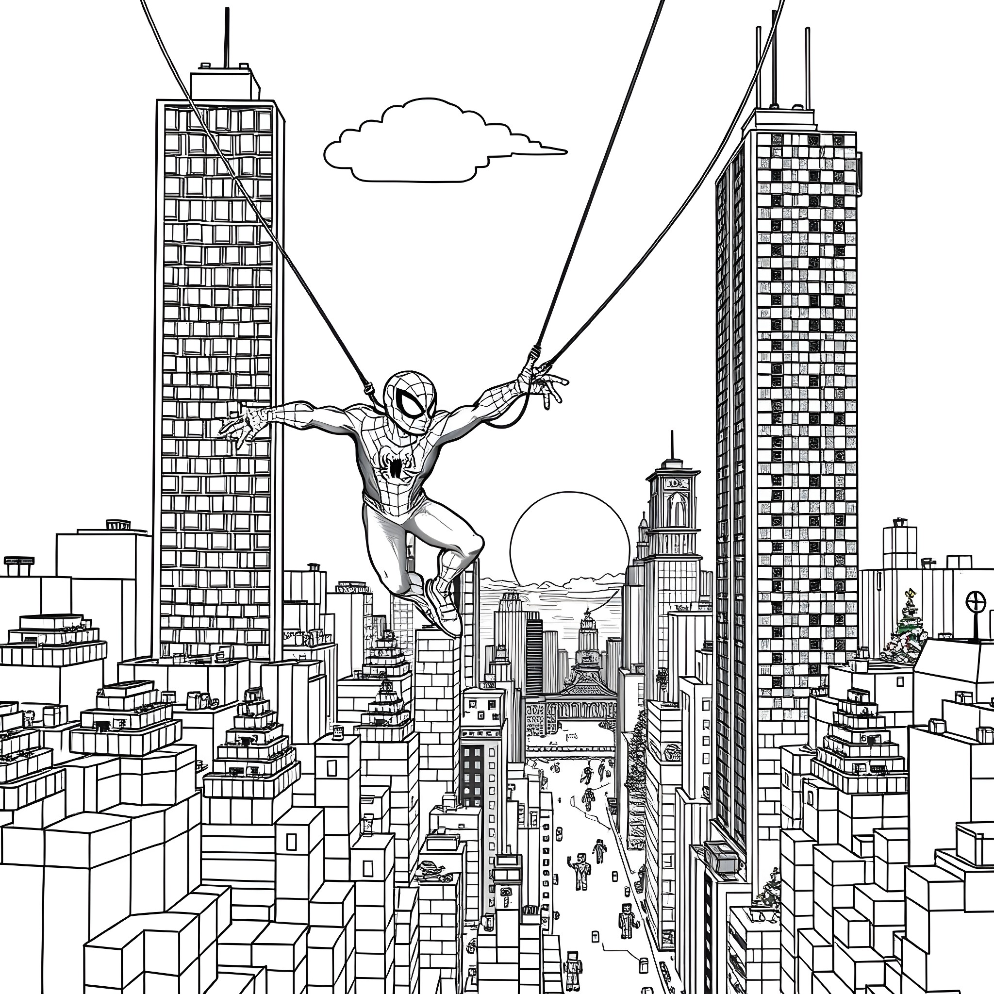 Spiderman swinging through the city skyline Coloring Page (free black-and-white line drawing printable PDF for all, from beginners to advanced learners, including children, teens, adults, and seniors)