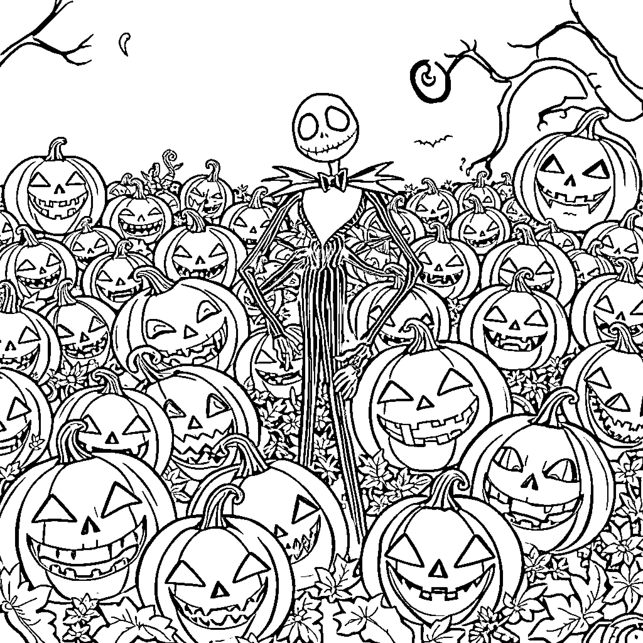 Pumpkin patch of smiling Jack-o'-lanterns Coloring Page (free black-and-white line drawing printable PDF for all, from beginners to advanced learners, including children, teens, adults, and seniors)