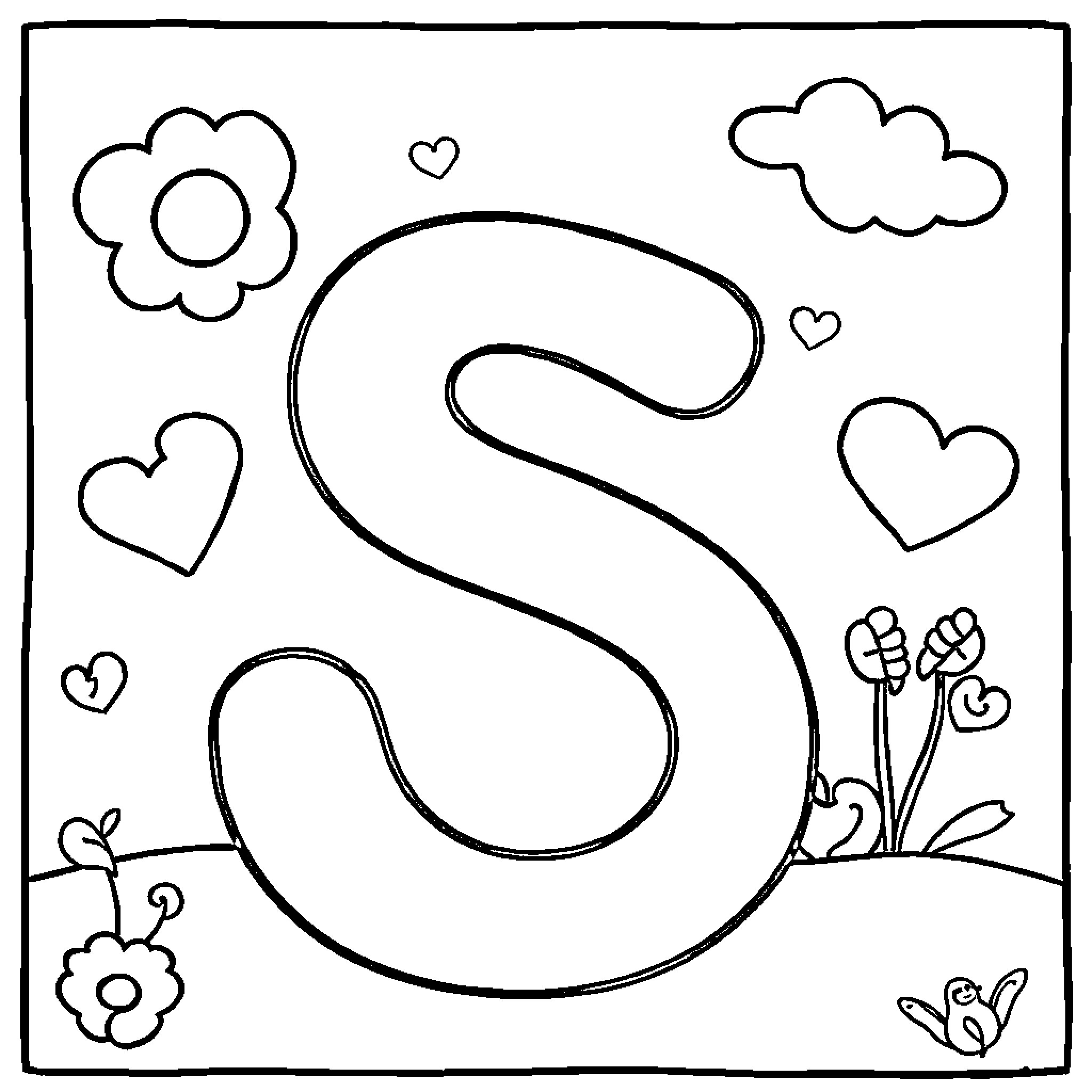 Letter S surrounded by cheerful doodles Coloring Page (free black-and-white line drawing printable PDF for all, from beginners to advanced learners, including children, teens, adults, and seniors)
