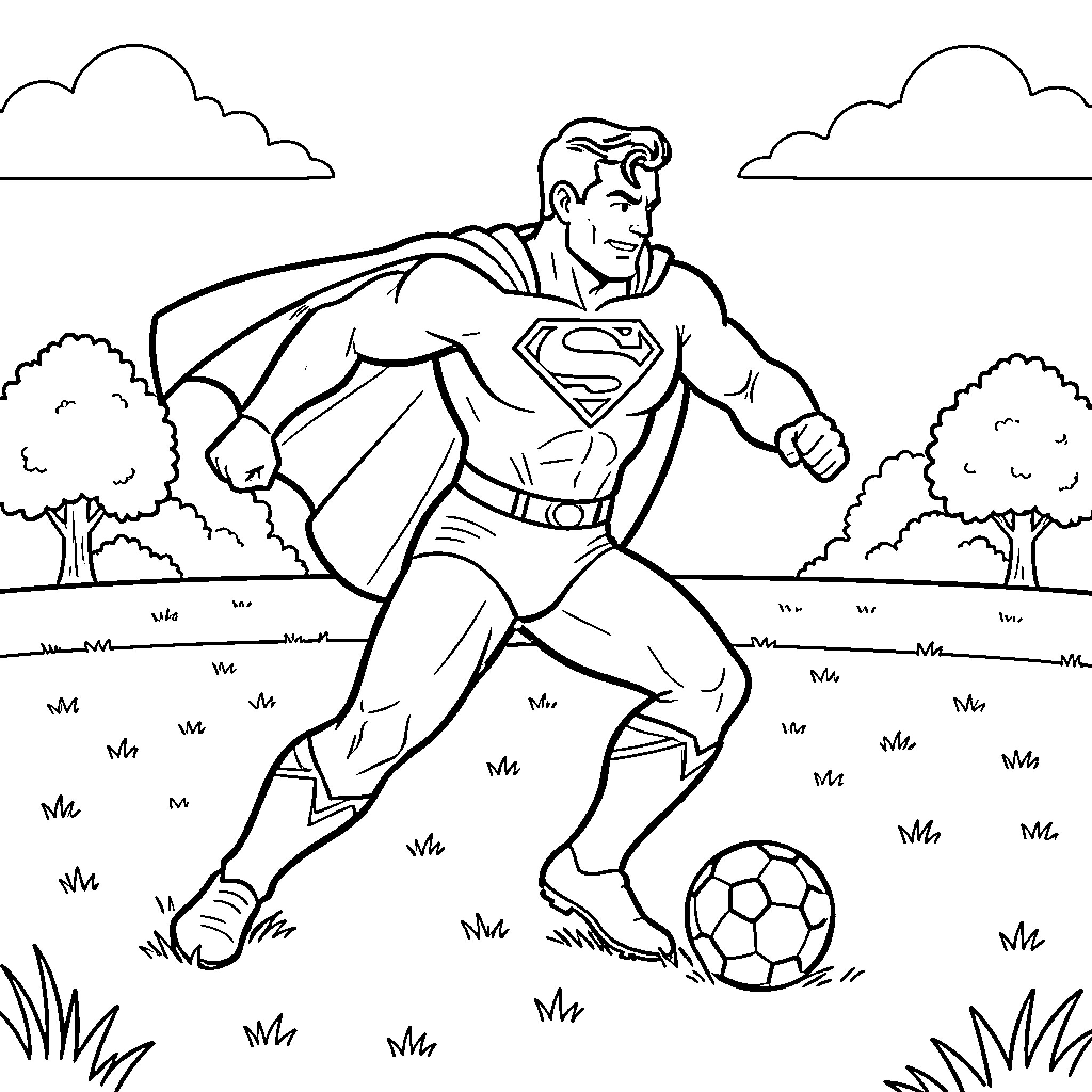 Superman playing soccer in a grassy field Coloring Page (free black-and-white line drawing printable PDF for all, from beginners to advanced learners, including children, teens, adults, and seniors)