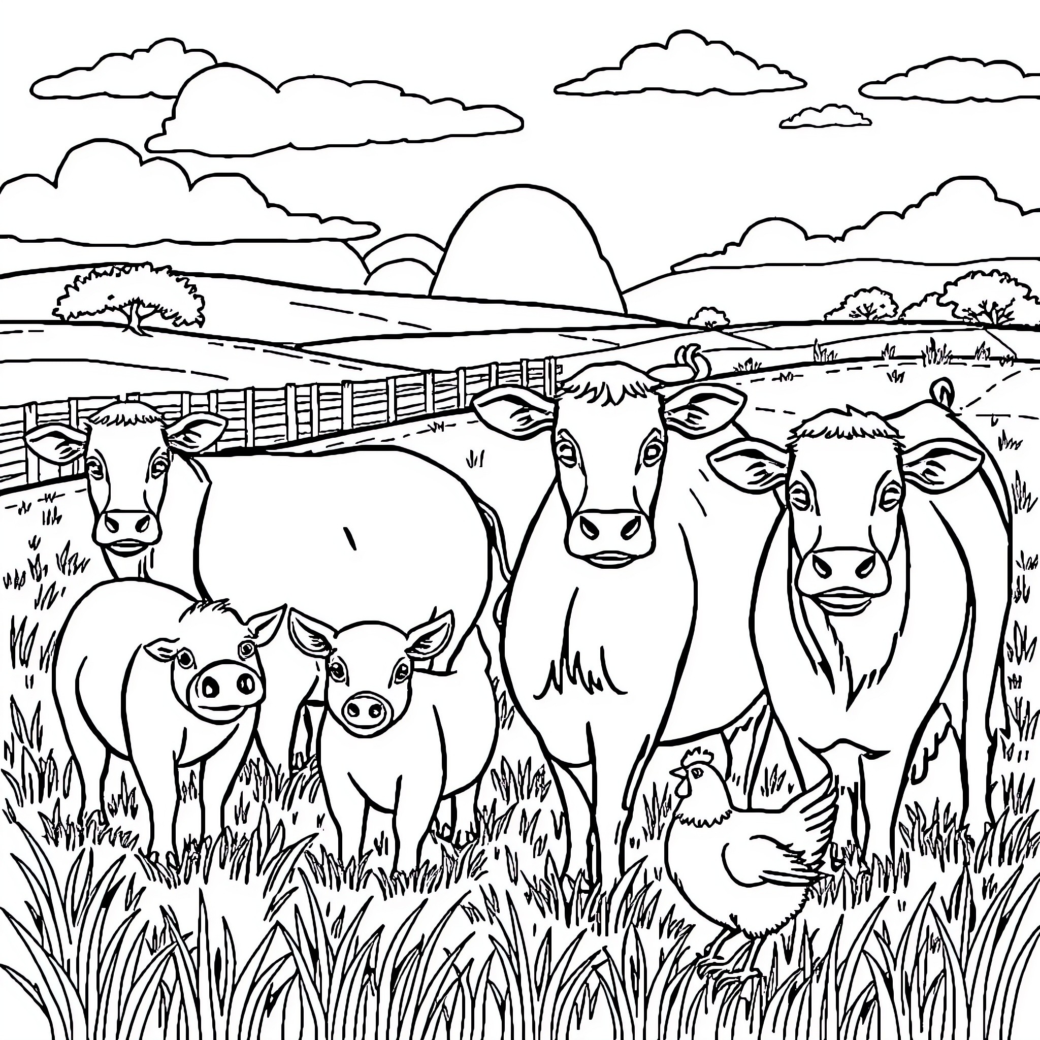 Farm Animal Family Exploring the Countryside Coloring Page (free black-and-white line drawing printable PDF for all, from beginners to advanced learners, including children, teens, adults, and seniors)