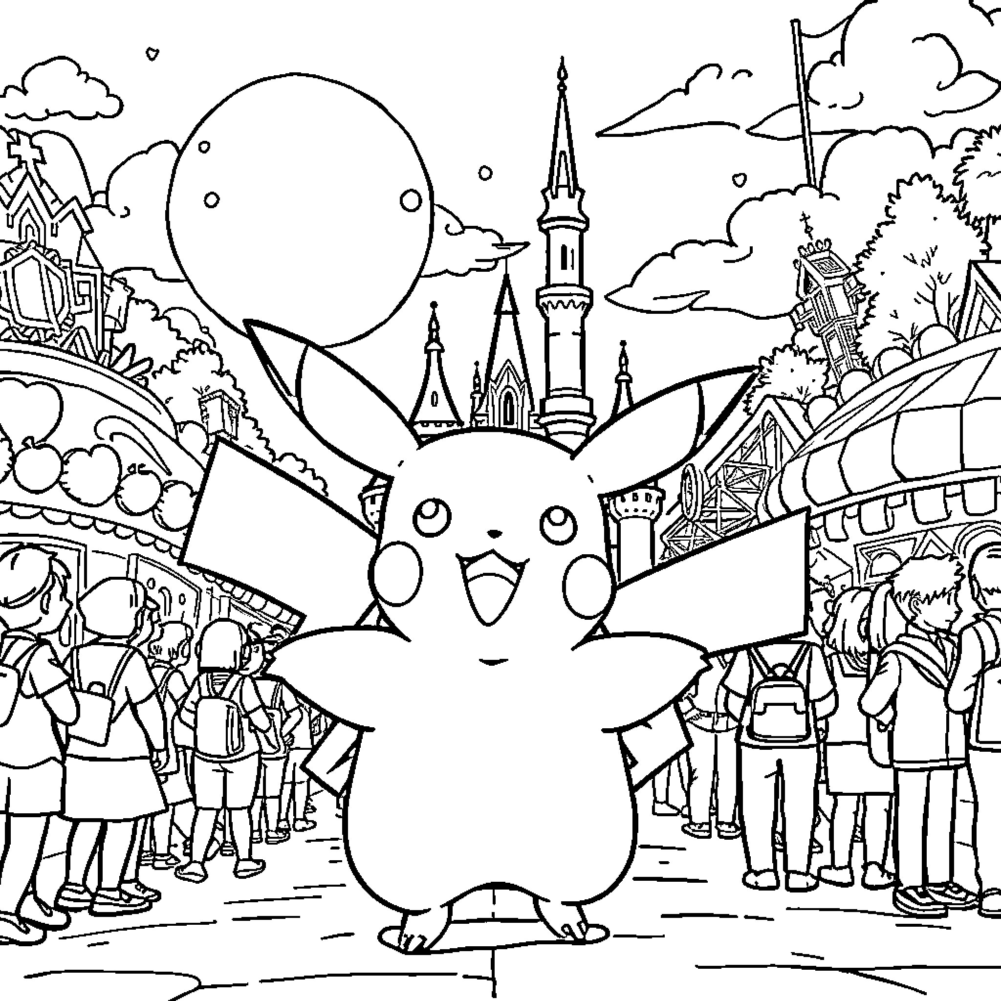 Pikachu exploring a magical fantasy world Coloring Page (free black-and-white line drawing printable PDF for all, from beginners to advanced learners, including children, teens, adults, and seniors)