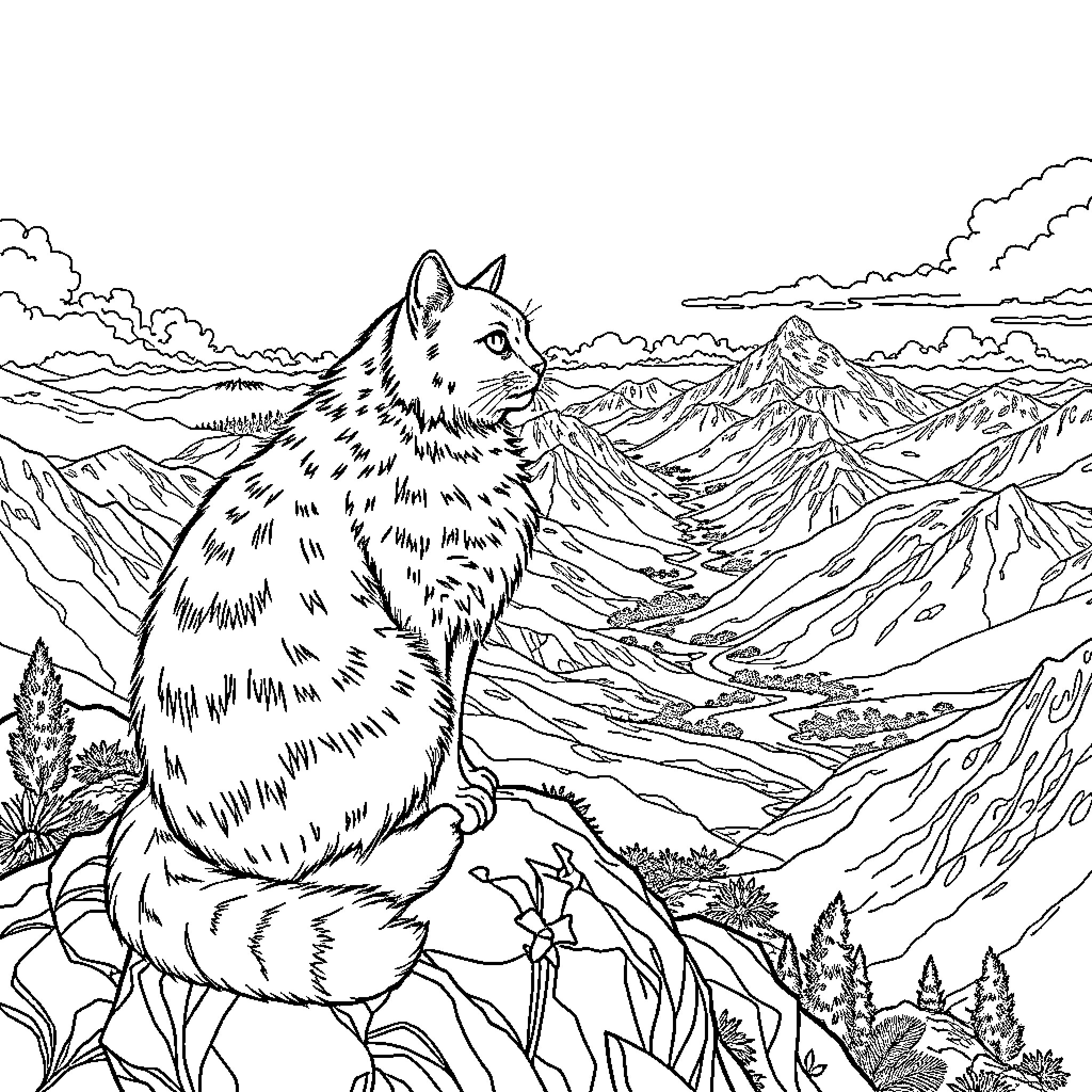 Herodotus observes the majestic mountain landscape Coloring Page (free black-and-white line drawing printable PDF for all, from beginners to advanced learners, including children, teens, adults, and seniors)