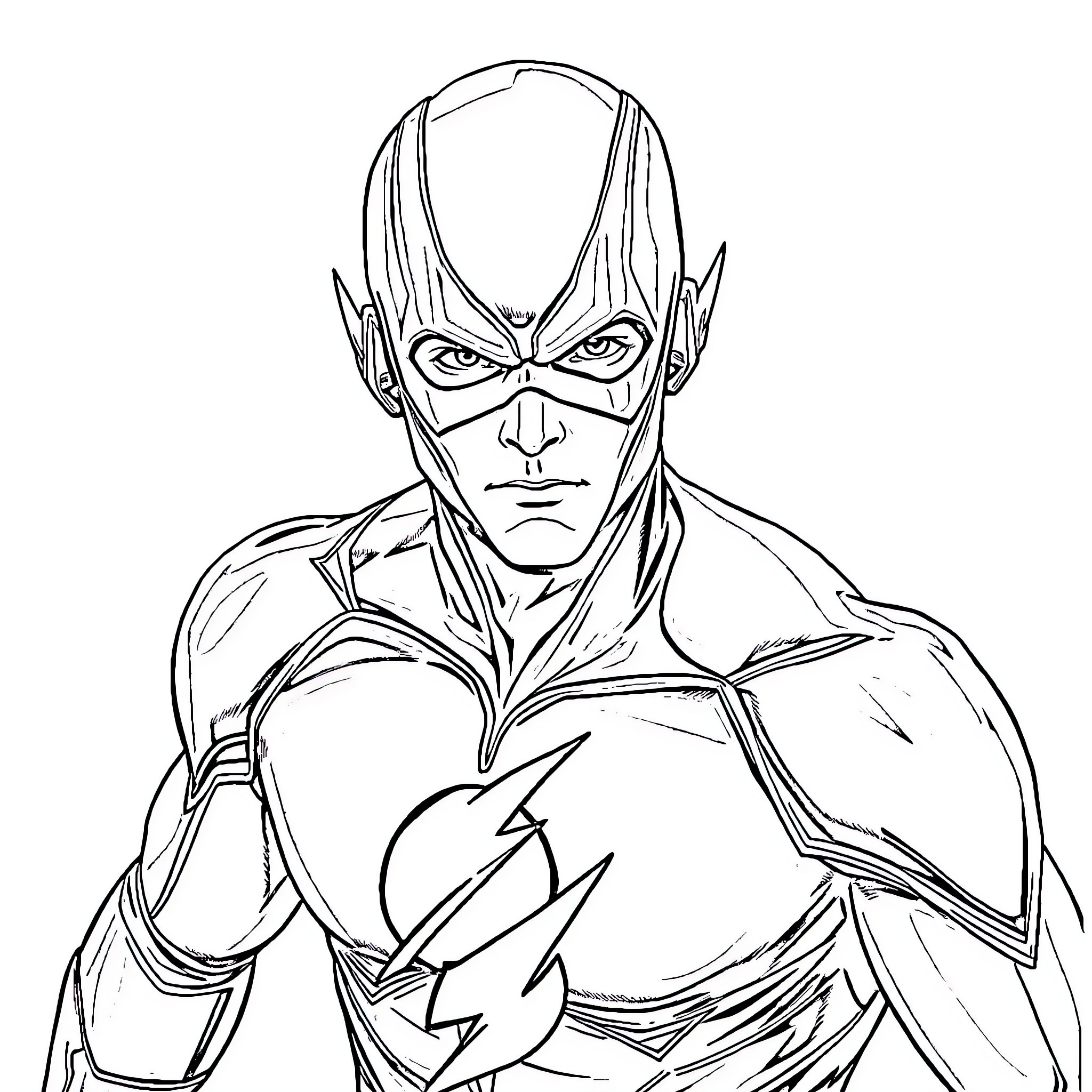 Flash Superhero in Action Pose Coloring Page (free black-and-white line drawing printable PDF for all, from beginners to advanced learners, including children, teens, adults, and seniors)