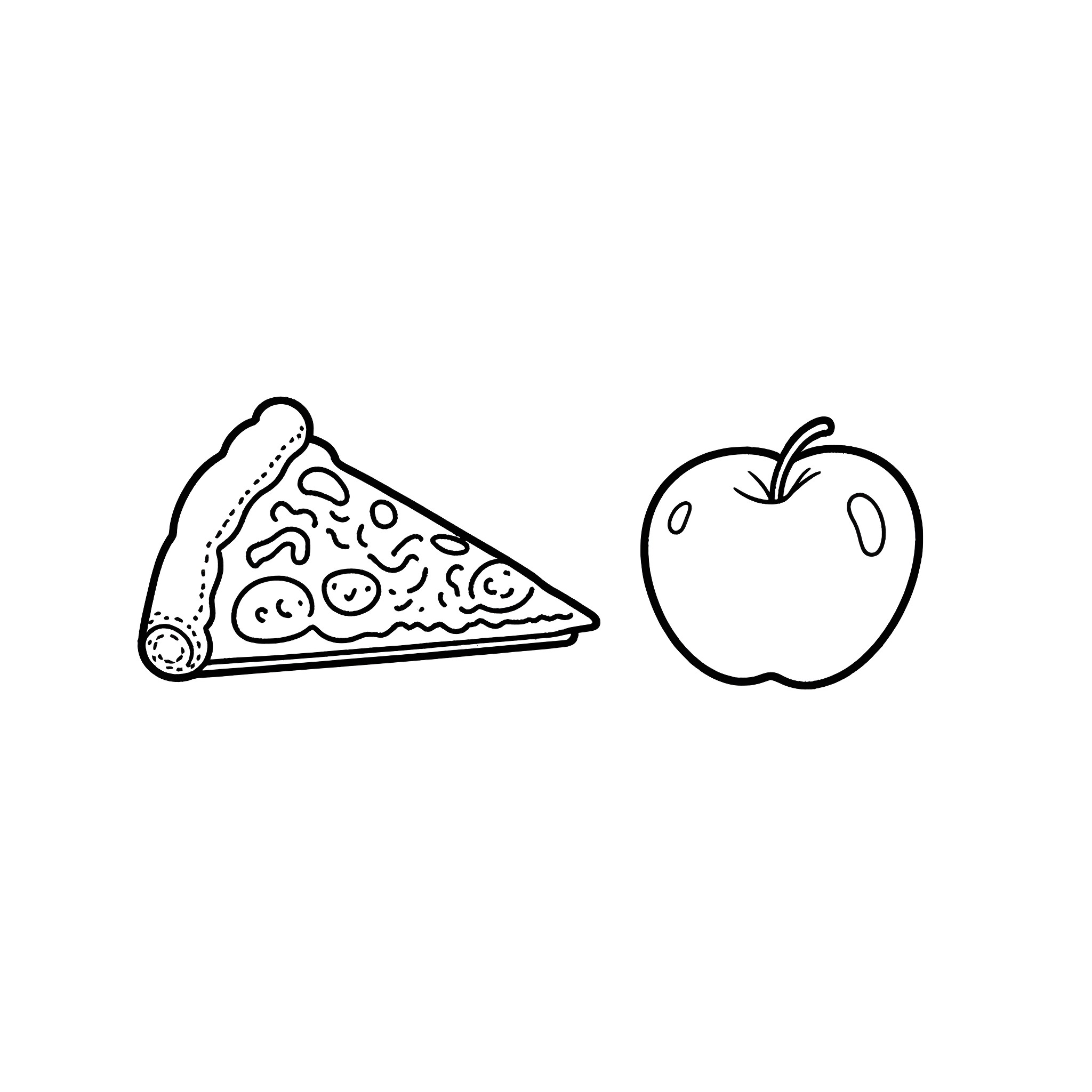 Pizza slice and apple line art illustration Coloring Page (free black-and-white line drawing printable PDF for all, from beginners to advanced learners, including children, teens, adults, and seniors)