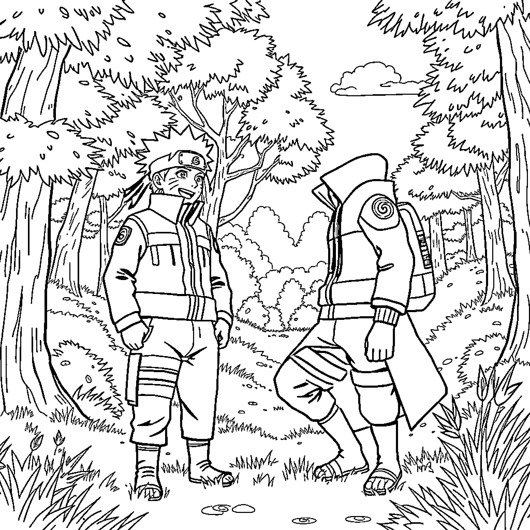 Naruto characters in forest adventure Coloring Page (free black-and-white line drawing printable PDF for all, from beginners to advanced learners, including children, teens, adults, and seniors)