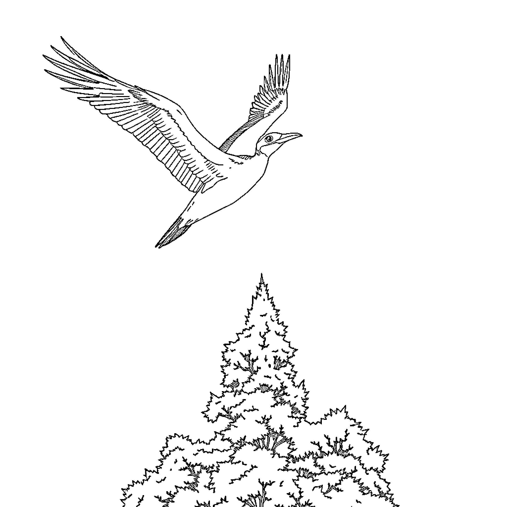 Quetzalcoatlus soaring over a snowy forest Coloring Page (free black-and-white line drawing printable PDF for all, from beginners to advanced learners, including children, teens, adults, and seniors)