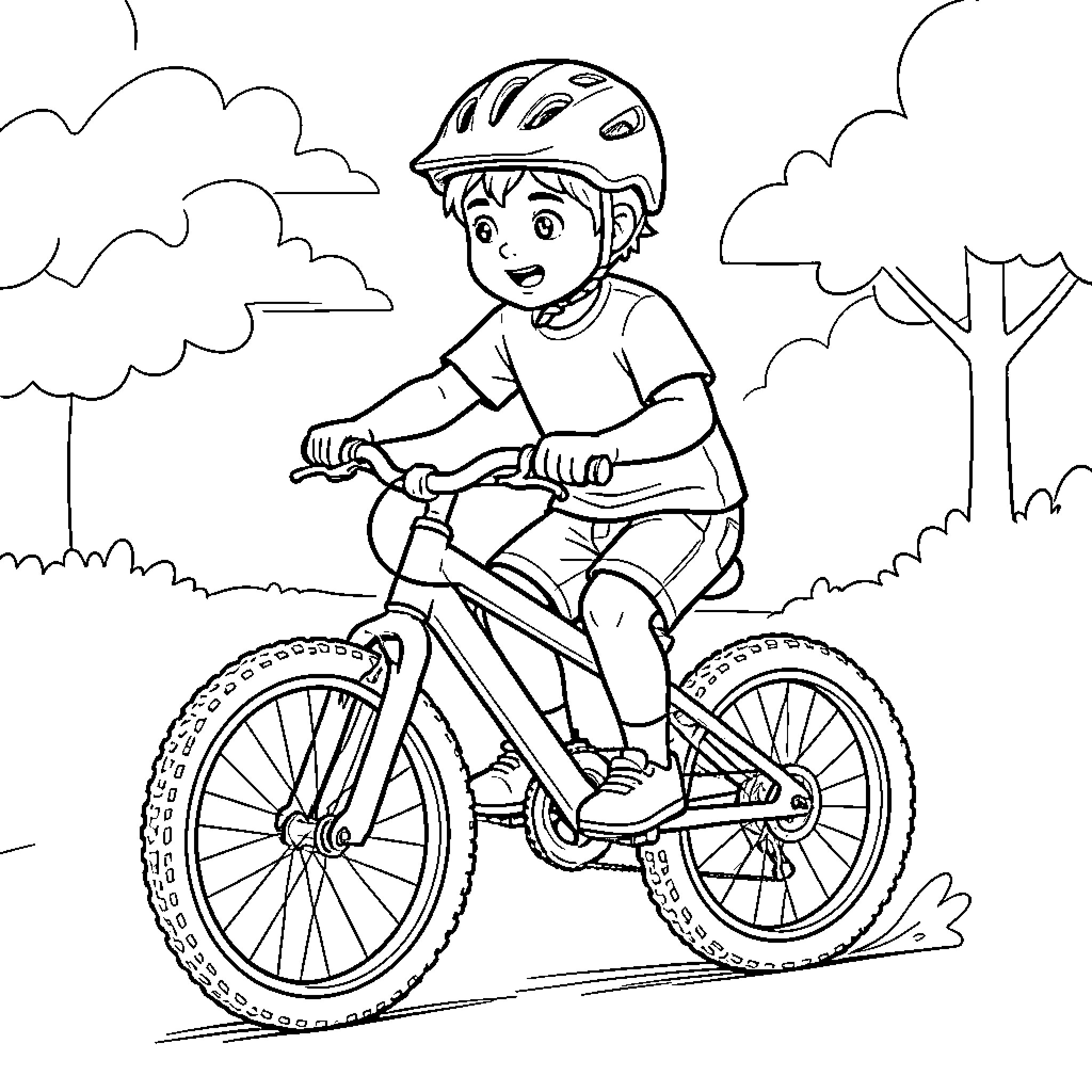 Boy wearing a helmet riding a bicycle outdoors Coloring Page (free black-and-white line drawing printable PDF for all, from beginners to advanced learners, including children, teens, adults, and seniors)