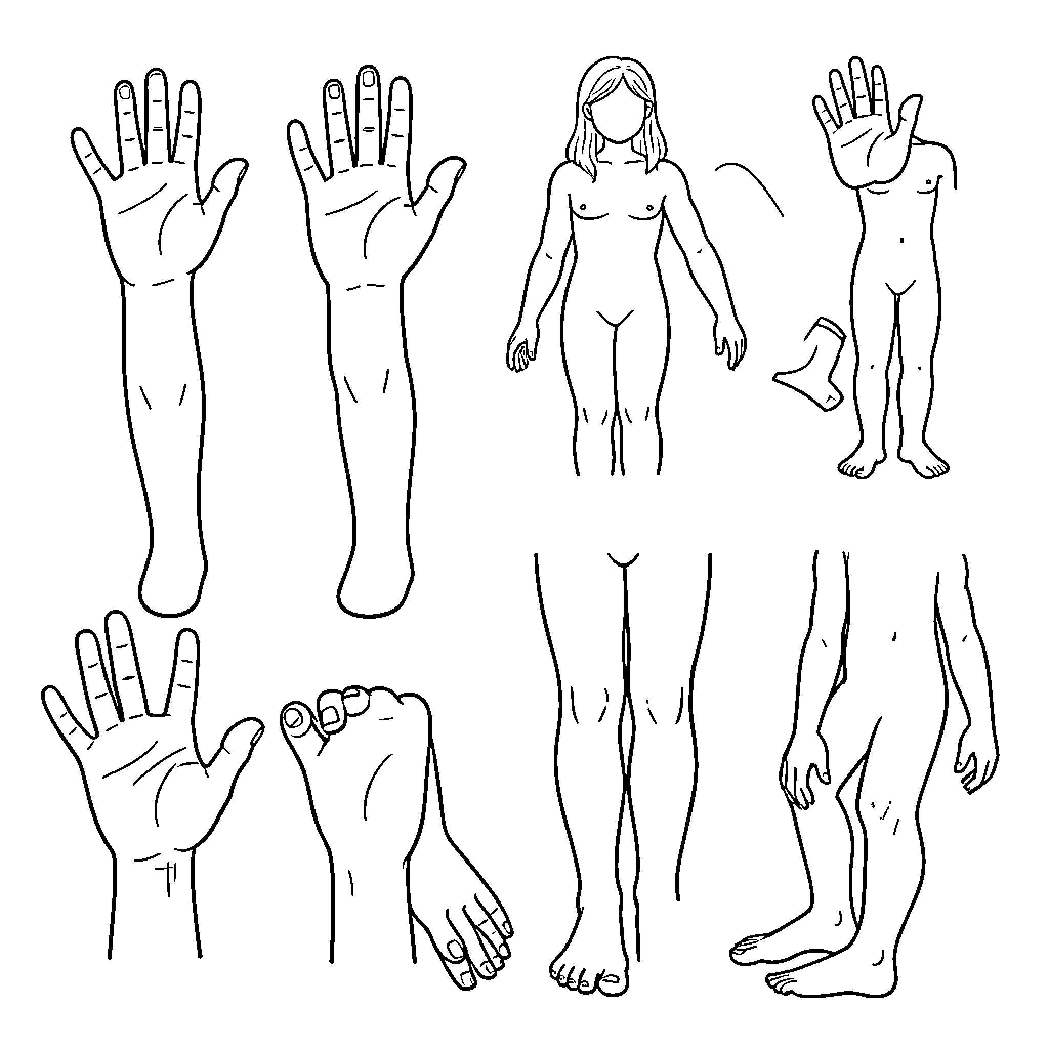 Human Body Parts Outline Sketch Coloring Page (free black-and-white line drawing printable PDF for all, from beginners to advanced learners, including children, teens, adults, and seniors)
