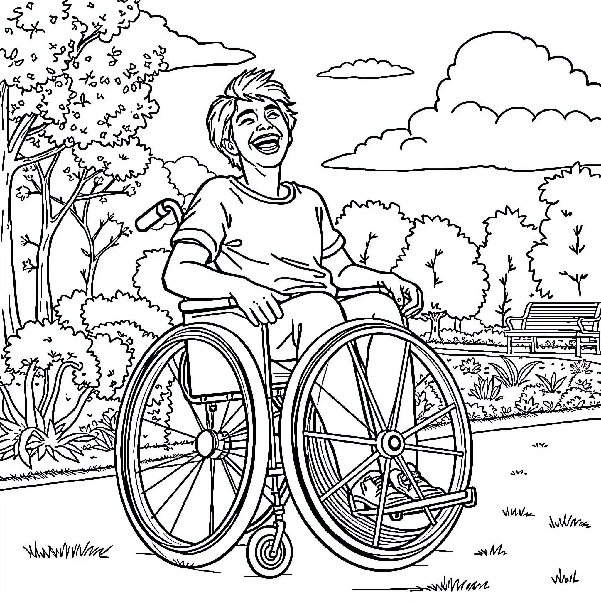 Wheelchair user enjoying nature in the park Coloring Page (free black-and-white line drawing printable PDF for all, from beginners to advanced learners, including children, teens, adults, and seniors)