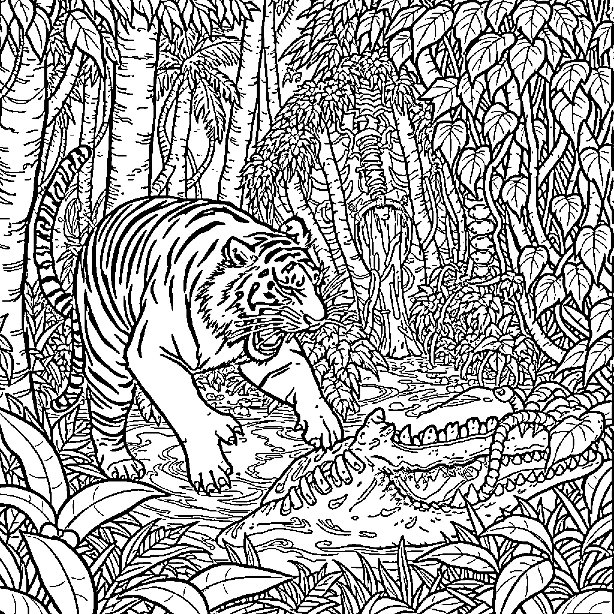 Tiger stalking prey in dense jungle foliage Coloring Page (free black-and-white line drawing printable PDF for all, from beginners to advanced learners, including children, teens, adults, and seniors)