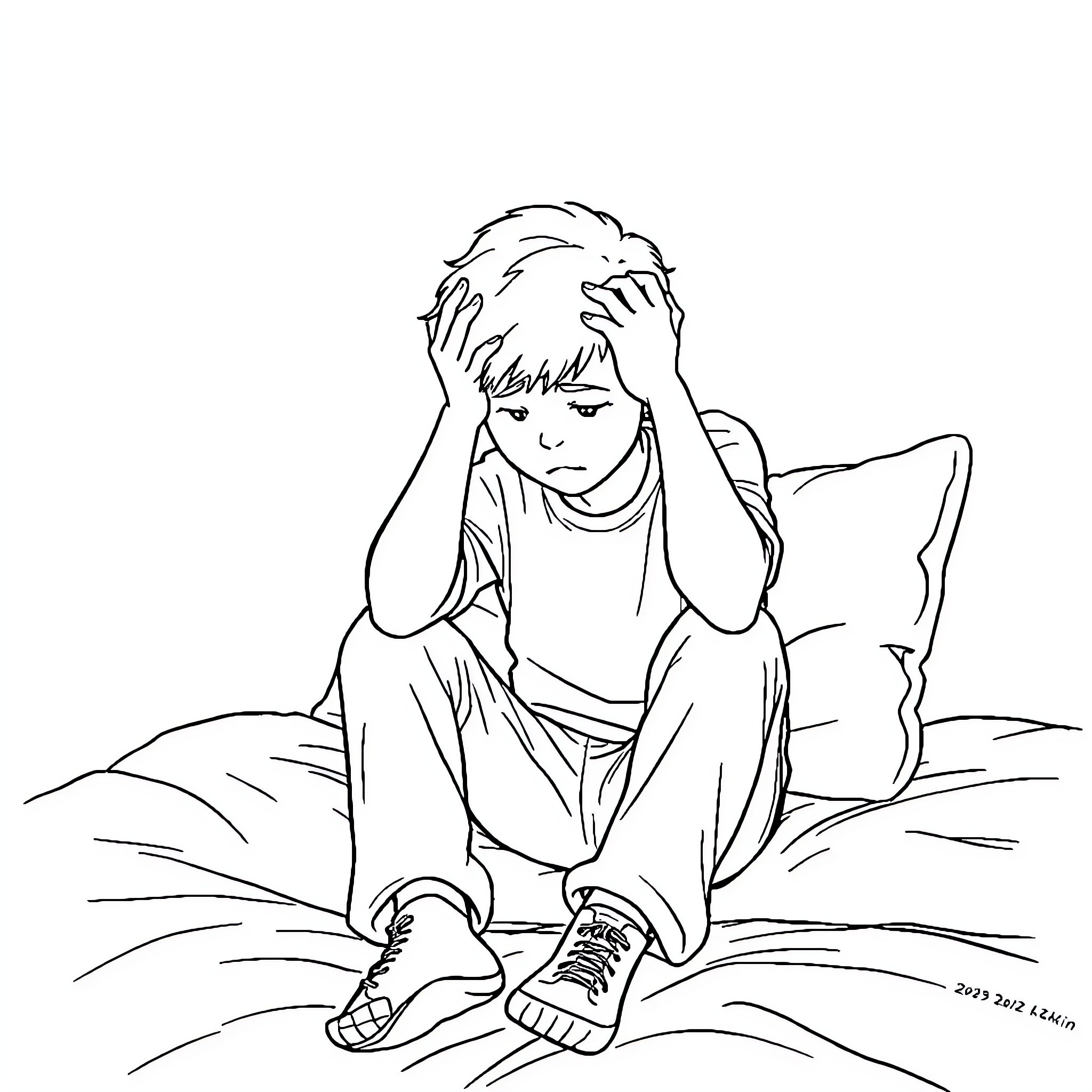 Teenager upset or distressed in rural setting Coloring Page (free black-and-white line drawing printable PDF for all, from beginners to advanced learners, including children, teens, adults, and seniors)