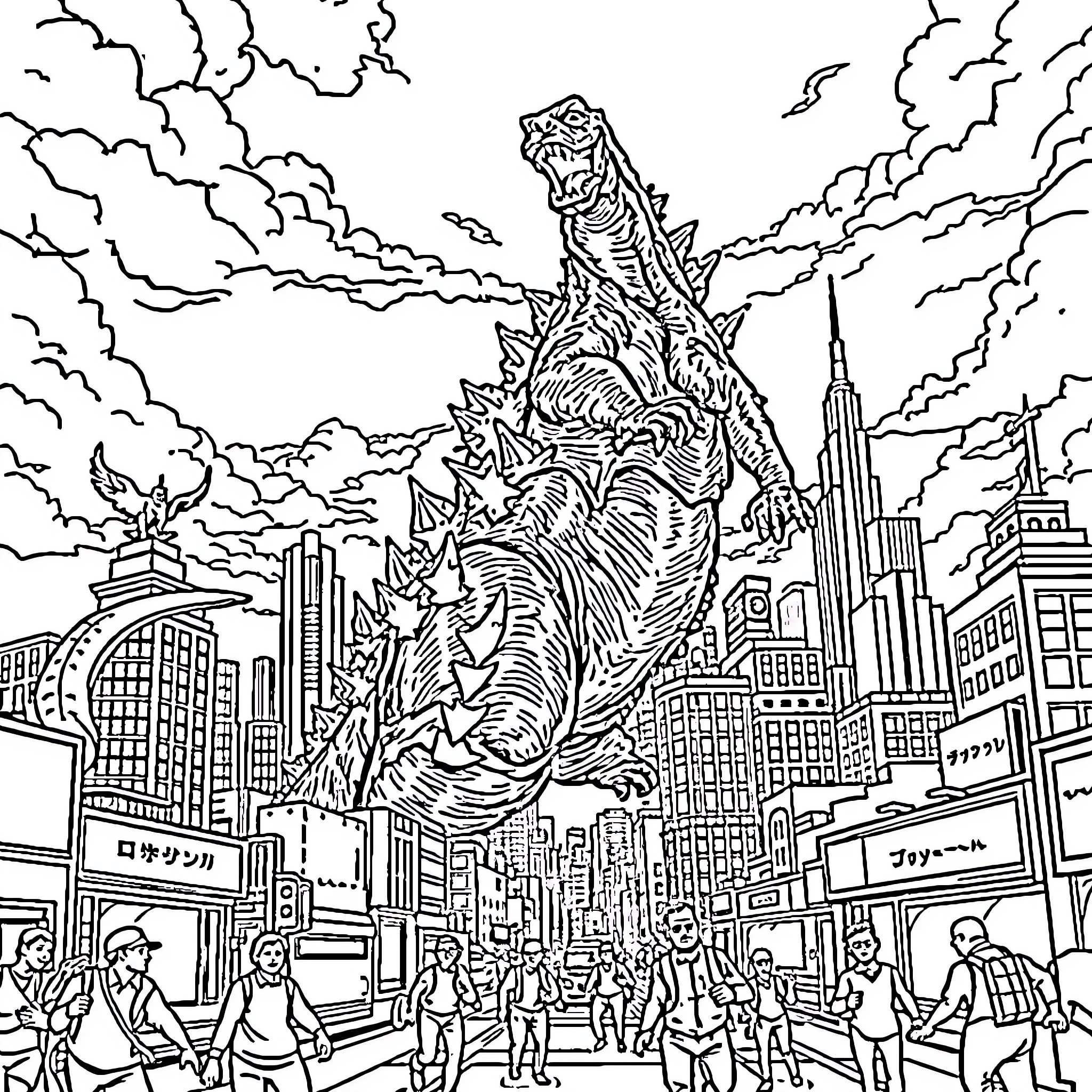 Godzilla Unleashes Destruction Upon the City Coloring Page (free black-and-white line drawing printable PDF for all, from beginners to advanced learners, including children, teens, adults, and seniors)