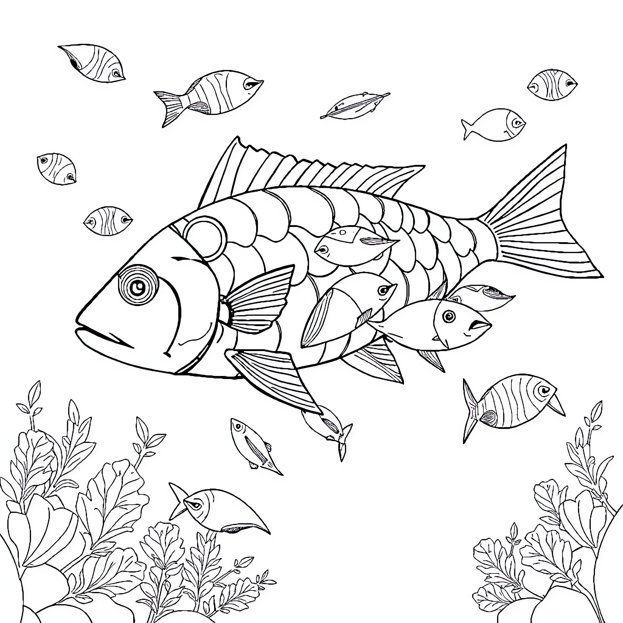 Fish swimming among underwater plants and schools Coloring Page (free black-and-white line drawing printable PDF for all, from beginners to advanced learners, including children, teens, adults, and seniors)