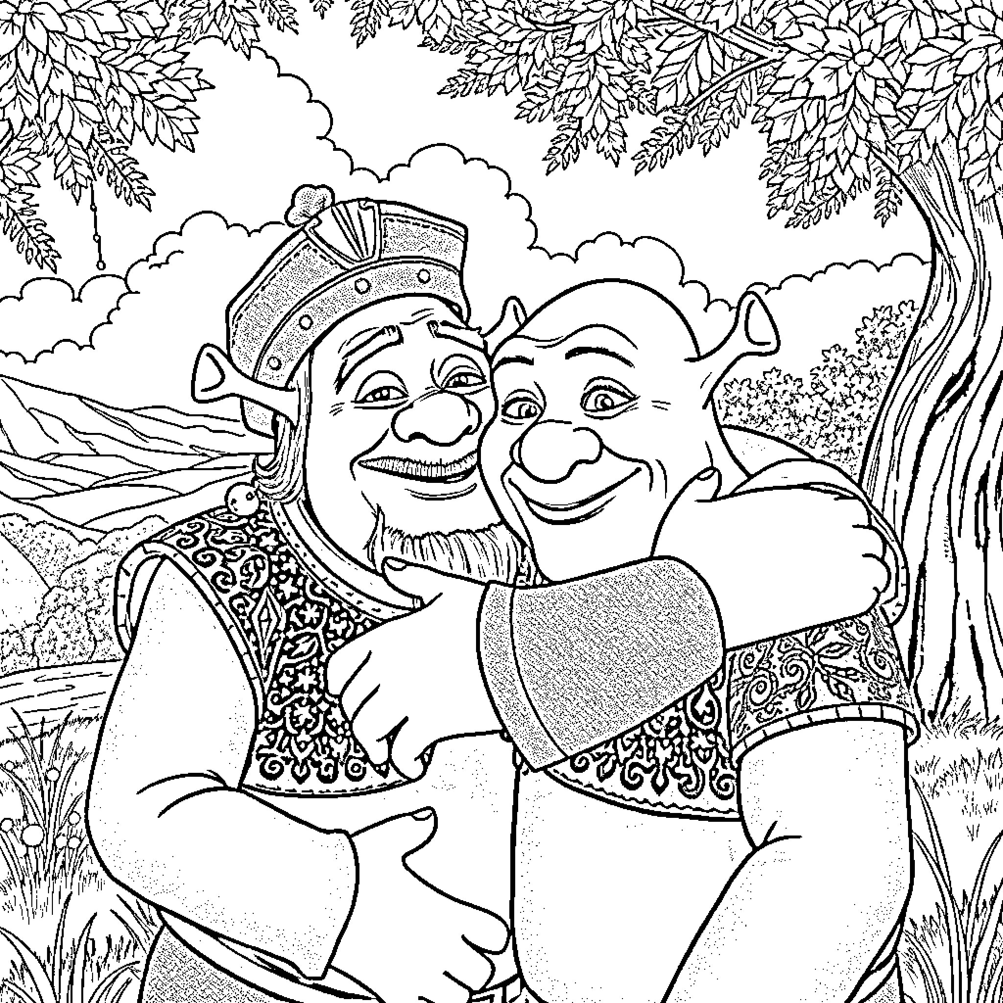 Shrek and Donkey in a Whimsical Forest Scene Coloring Page (free black-and-white line drawing printable PDF for all, from beginners to advanced learners, including children, teens, adults, and seniors)