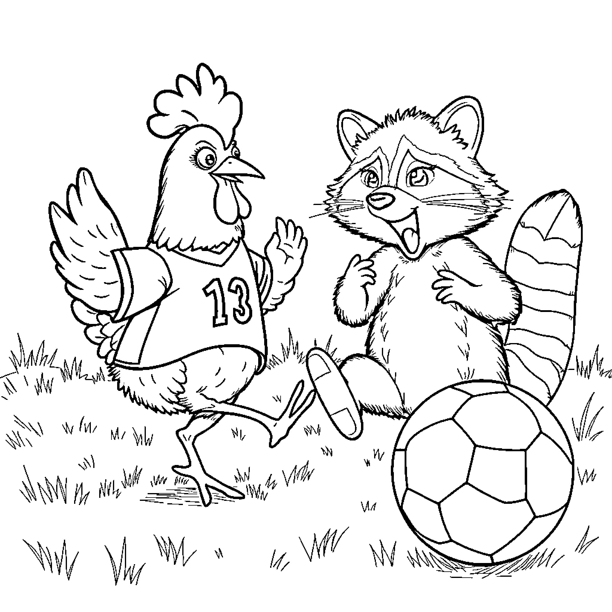 Chicken and Raccoon Playing Soccer in the Grass Coloring Page (free black-and-white line drawing printable PDF for all, from beginners to advanced learners, including children, teens, adults, and seniors)
