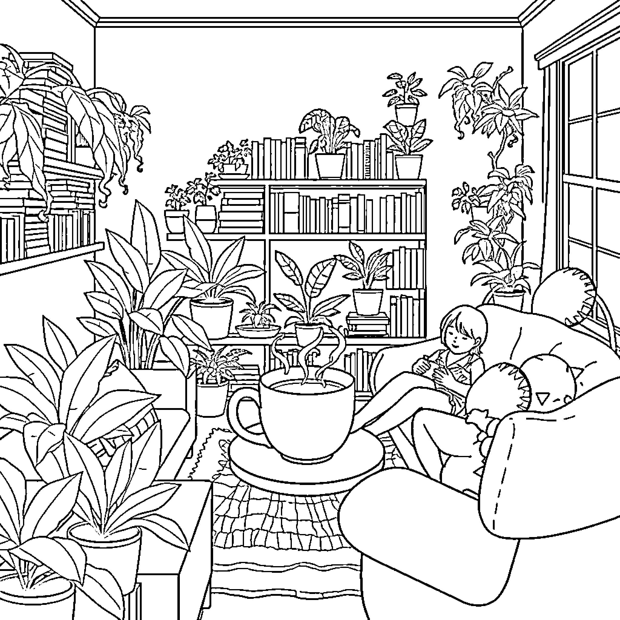 Coffee Break in a Cozy Indoor Garden Coloring Page (free black-and-white line drawing printable PDF for all, from beginners to advanced learners, including children, teens, adults, and seniors)