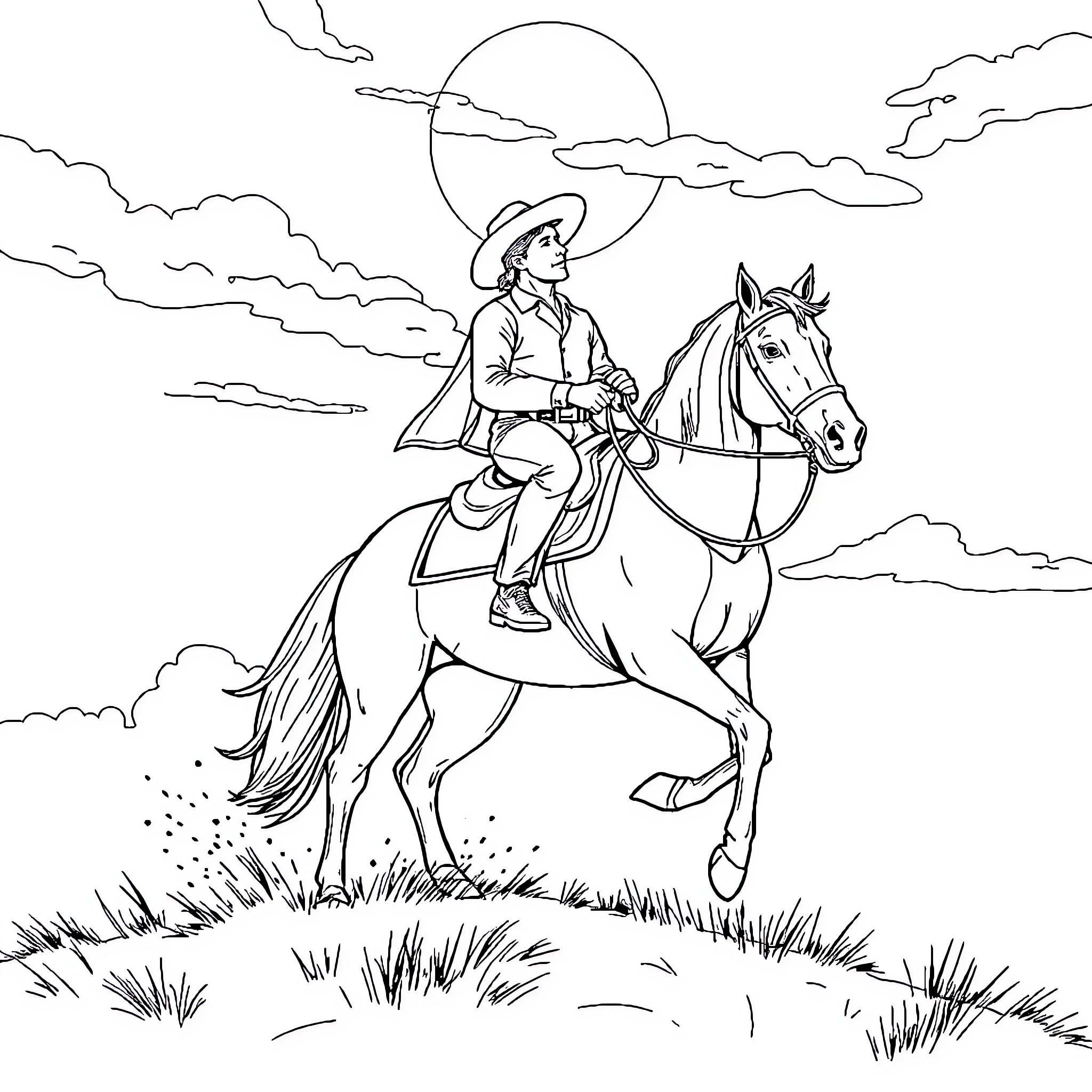 Cowboy riding horse under the moonlight Coloring Page (free black-and-white line drawing printable PDF for all, from beginners to advanced learners, including children, teens, adults, and seniors)