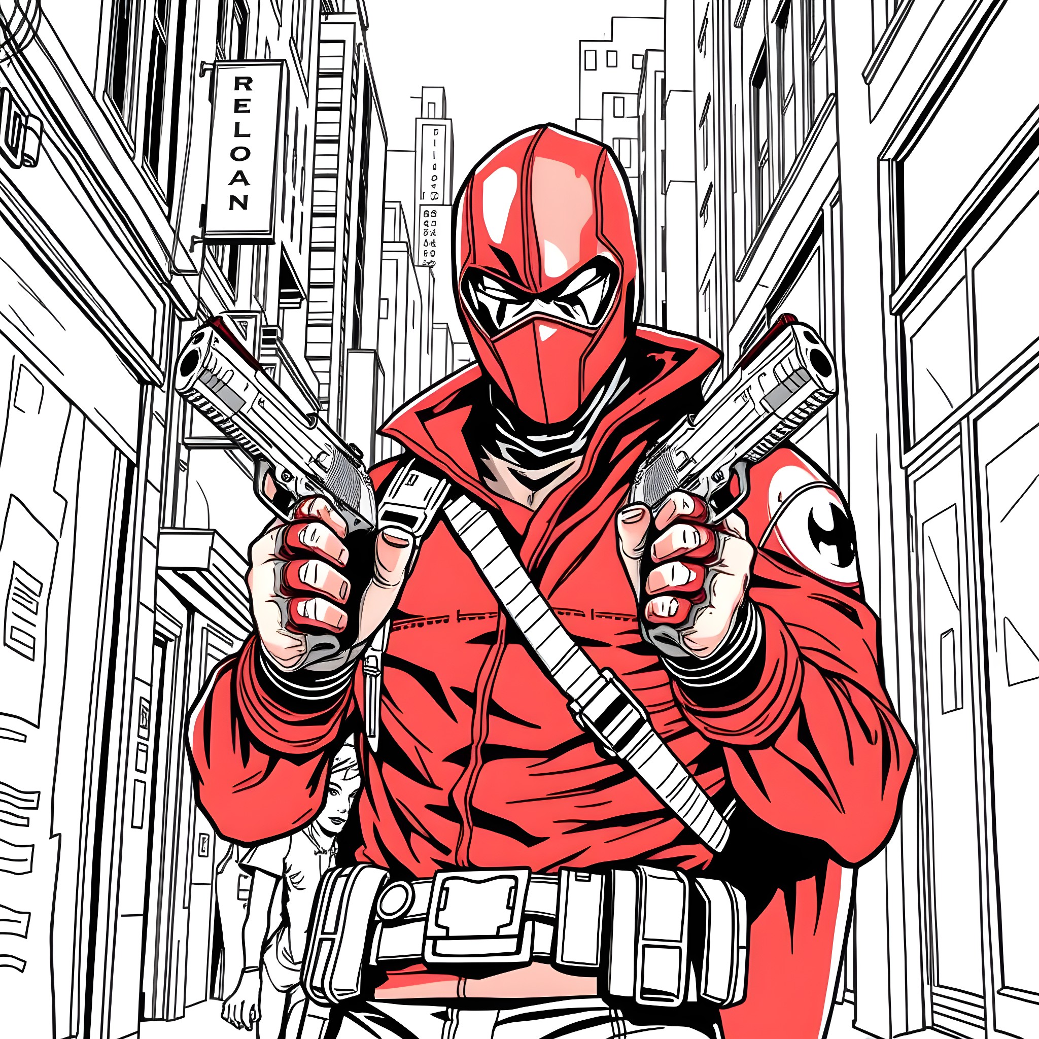 Red Hood Wielding Firearms in Urban Cityscape Coloring Page (free black-and-white line drawing printable PDF for all, from beginners to advanced learners, including children, teens, adults, and seniors)