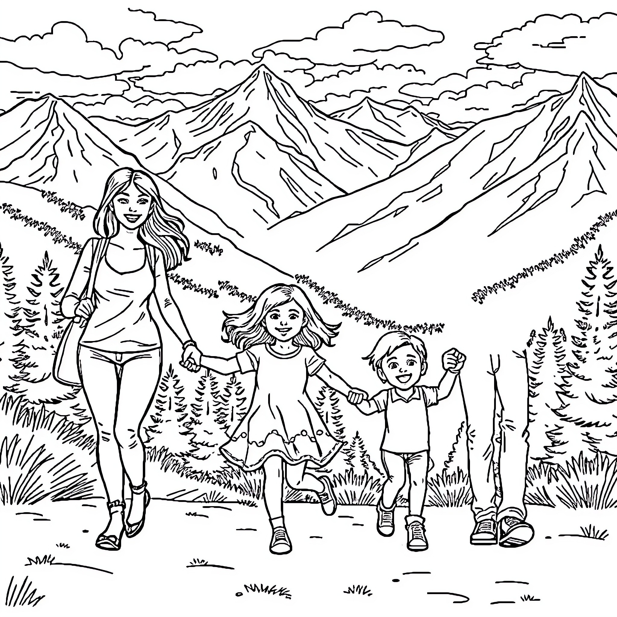 Family Hiking Adventure in the Mountains Coloring Page (free black-and-white line drawing printable PDF for all, from beginners to advanced learners, including children, teens, adults, and seniors)