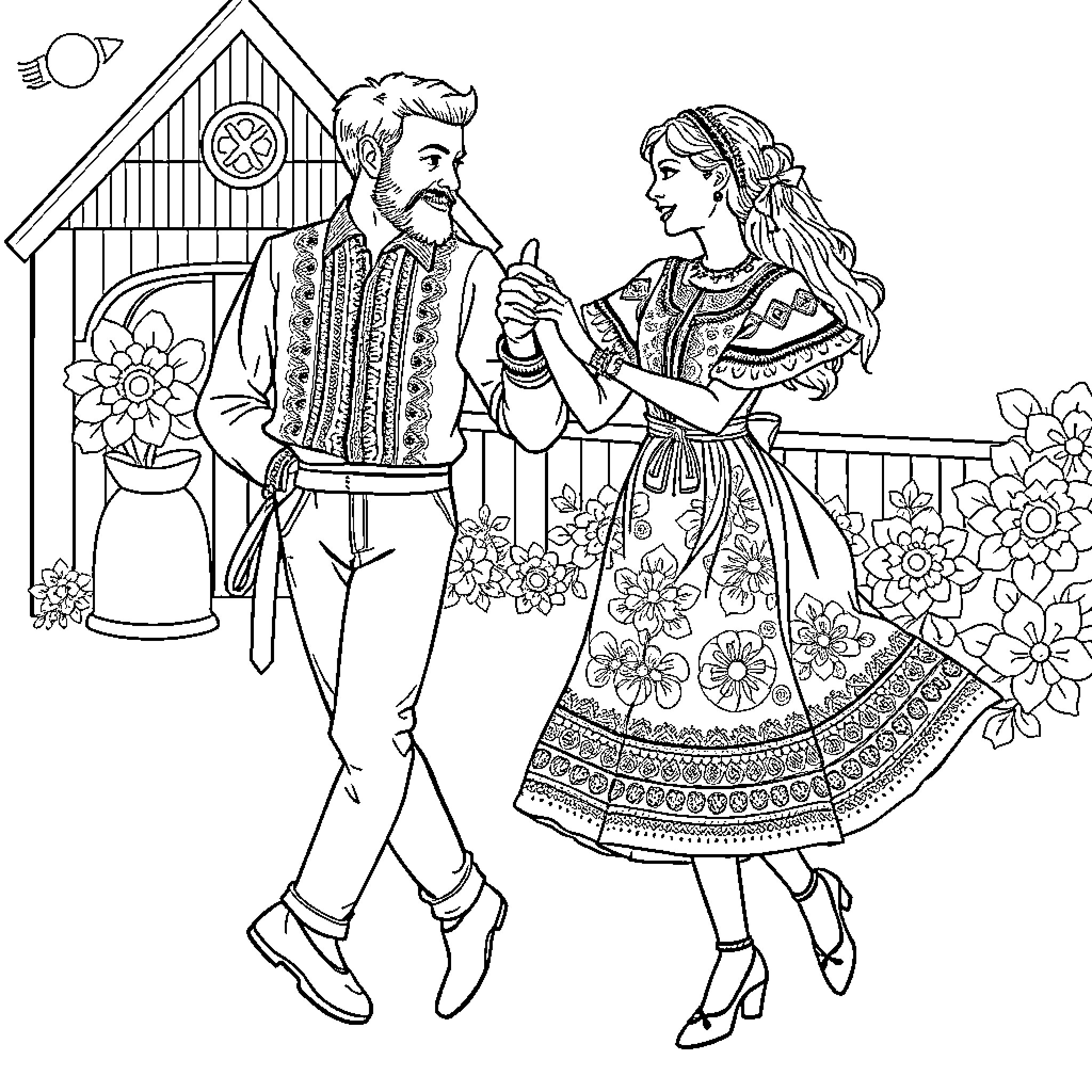 Dancer Couple in Traditional Costume Posing Together Coloring Page (free black-and-white line drawing printable PDF for all, from beginners to advanced learners, including children, teens, adults, and seniors)
