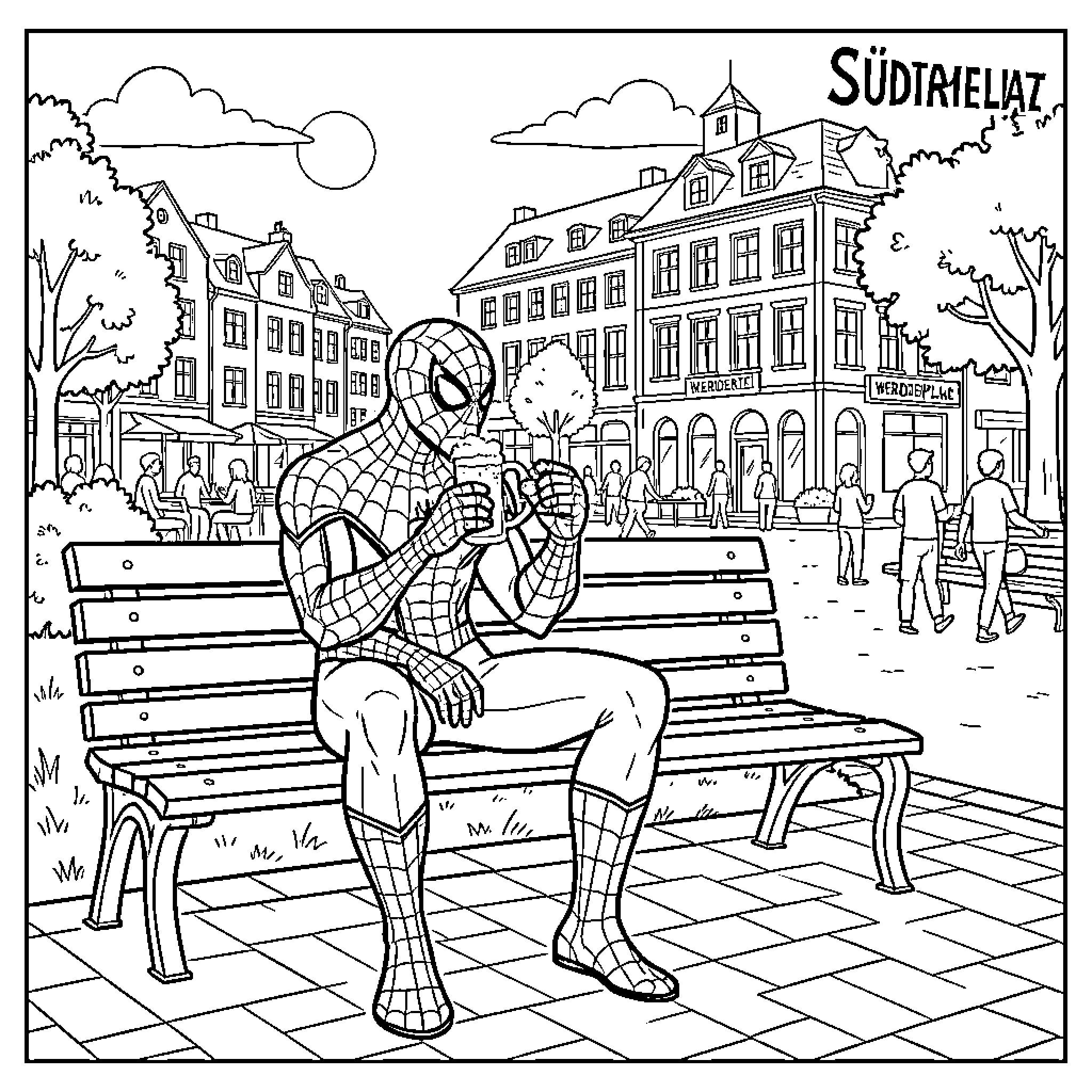 Spiderman relaxing on a bench in the city Coloring Page (free black-and-white line drawing printable PDF for all, from beginners to advanced learners, including children, teens, adults, and seniors)