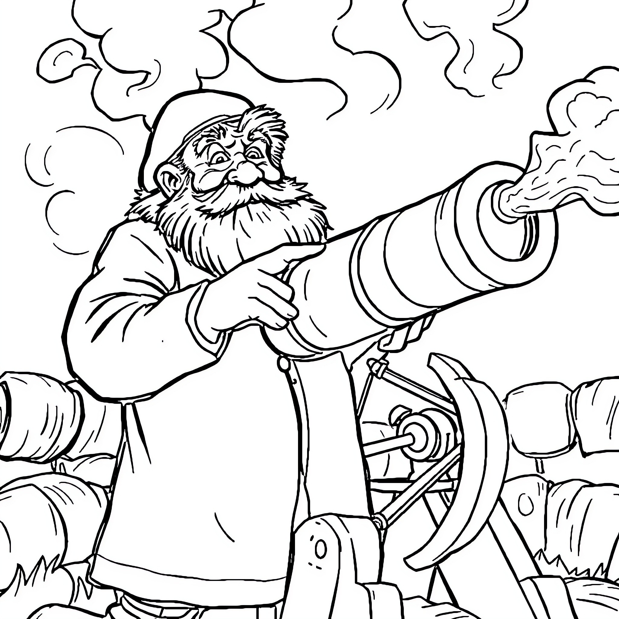 Cannon-wielding Santa Claus in a winter wonderland Coloring Page (free black-and-white line drawing printable PDF for all, from beginners to advanced learners, including children, teens, adults, and seniors)